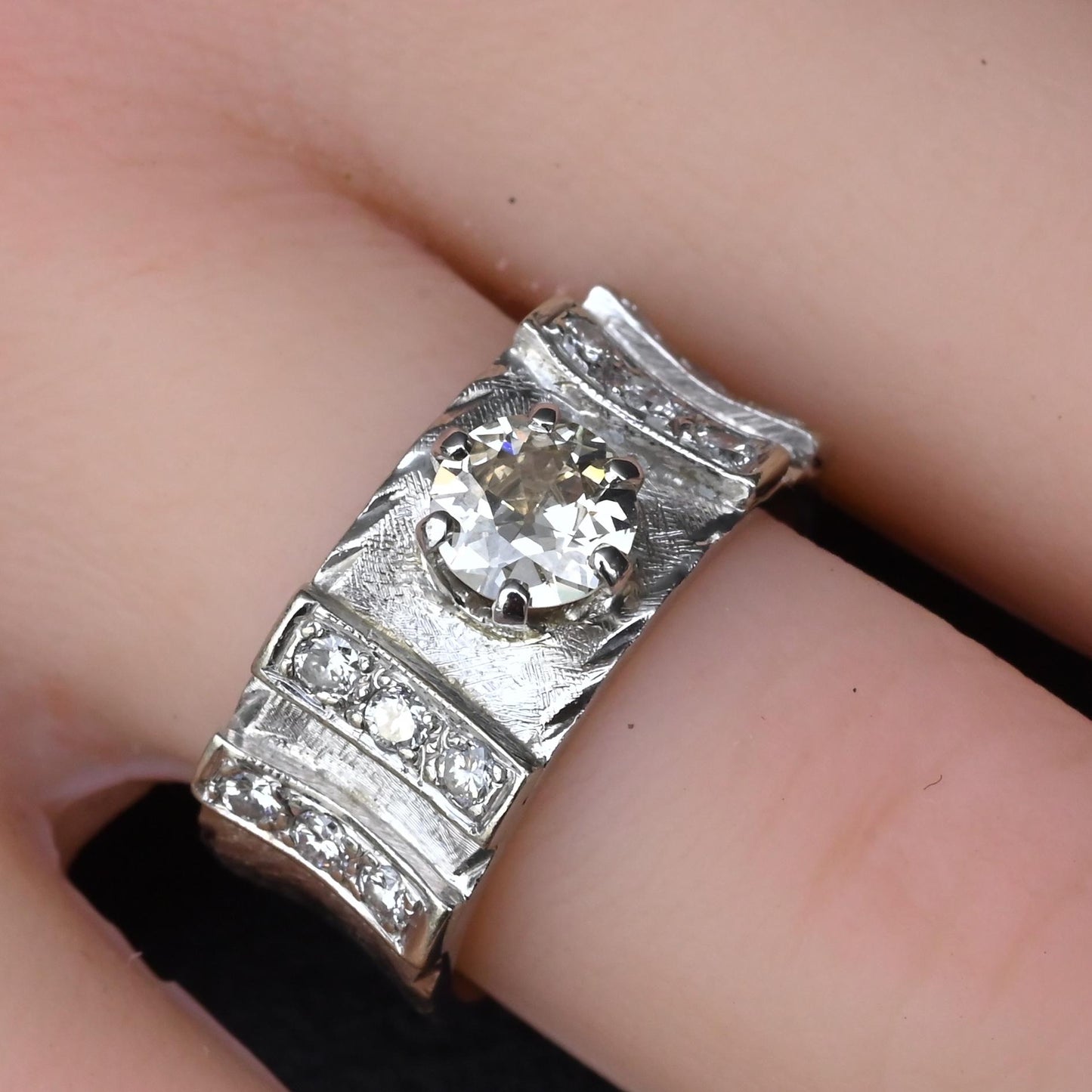 Art Deco .90ctw Old European Diamond Ring 14K White Gold IGI Certified 7.62g