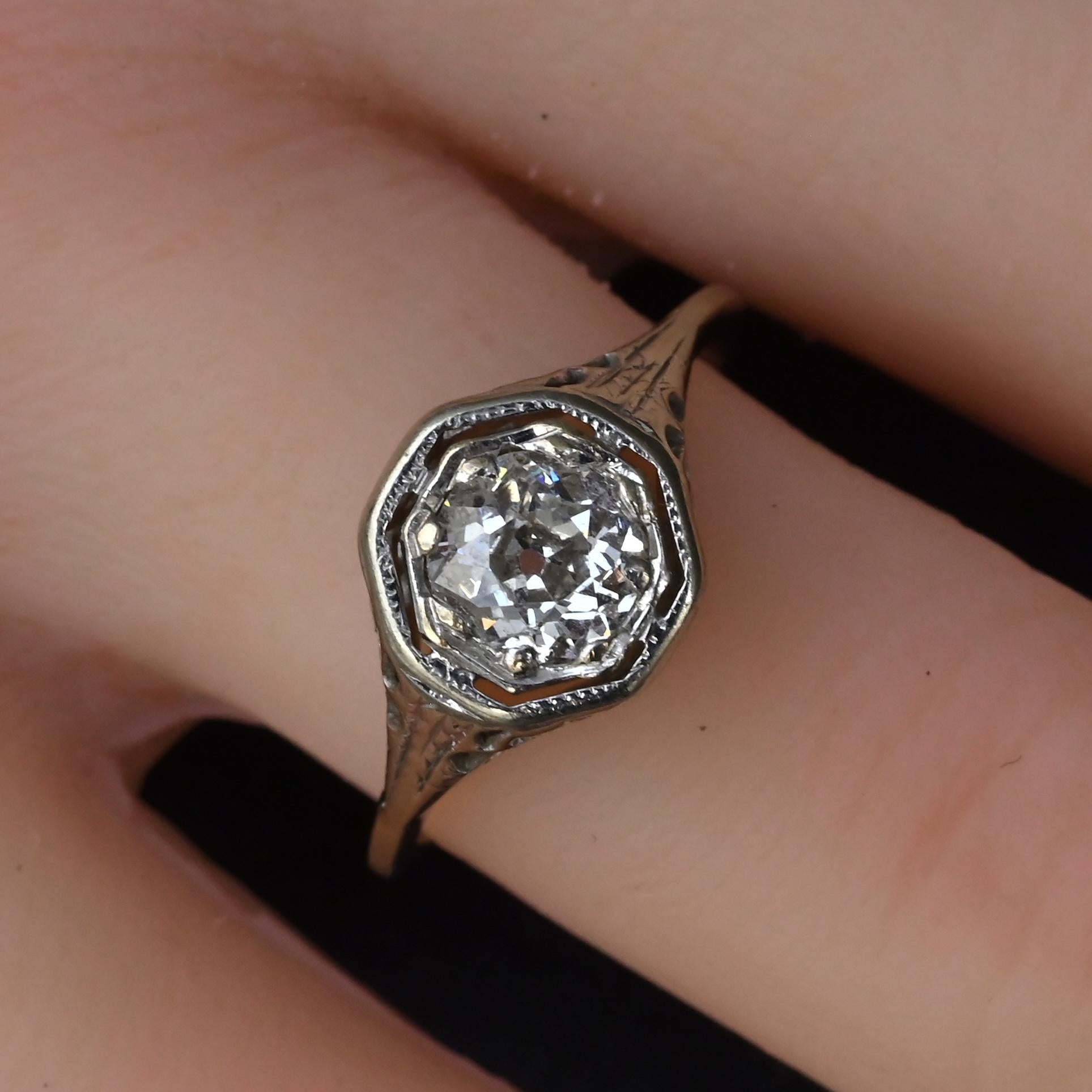 Art Deco .65ct Engagement Diamond Ring 18K White Gold IGI Certified Size 6.25