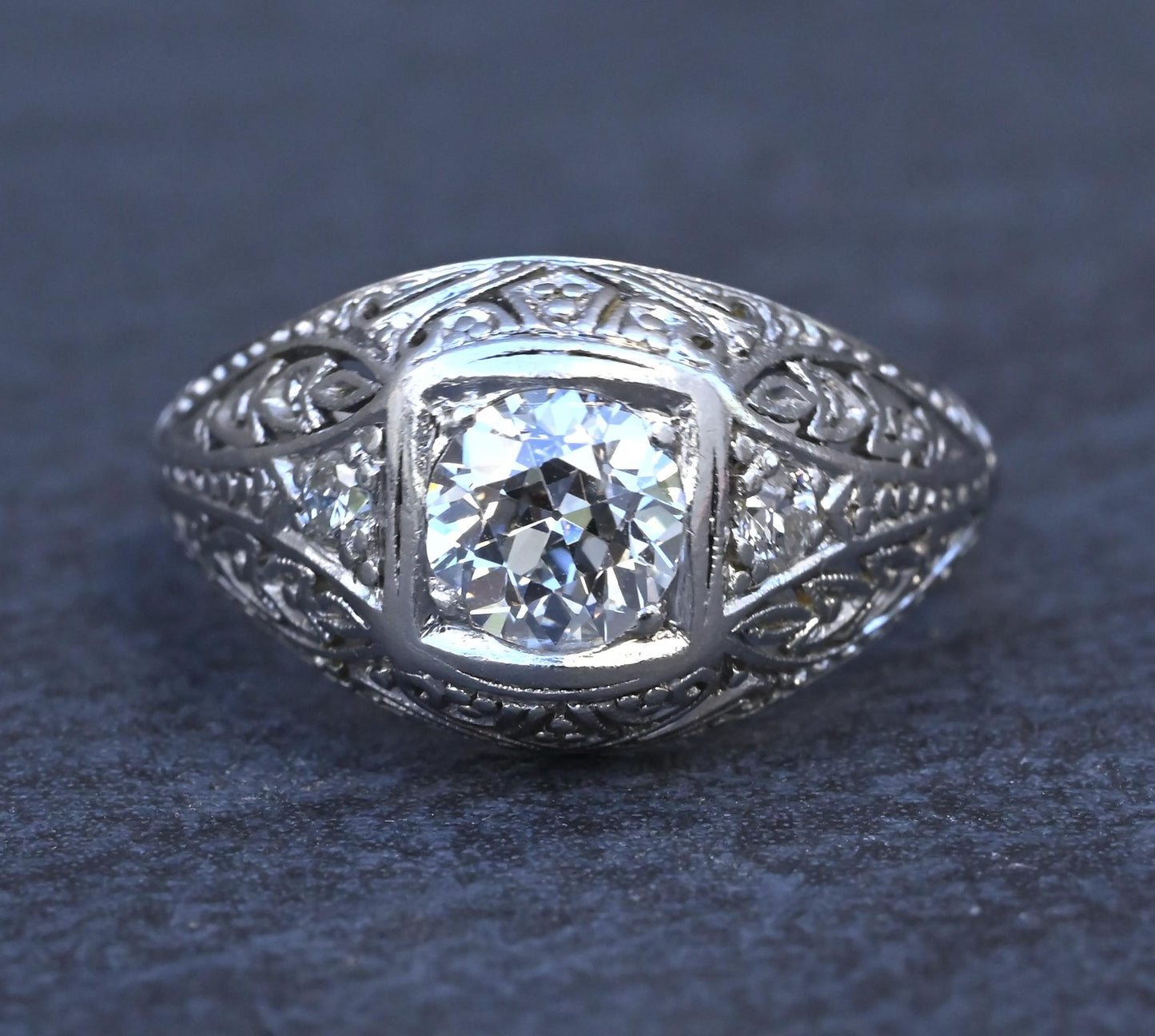 GIA Certified 0.66ct Old European Cut Diamond Art Deco Platinum Engagement Ring