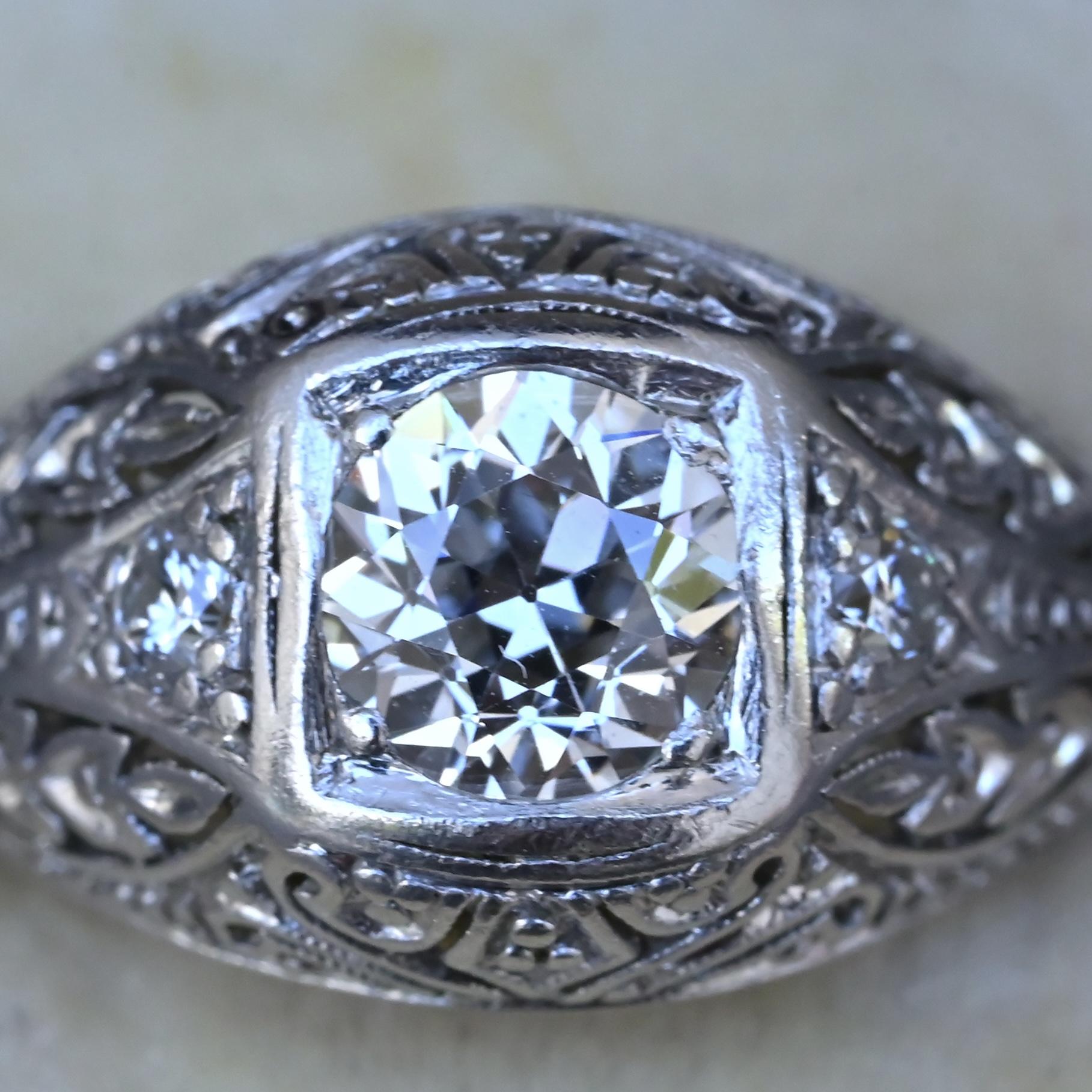 GIA Certified 0.66ct Old European Cut Diamond Art Deco Platinum Engagement Ring