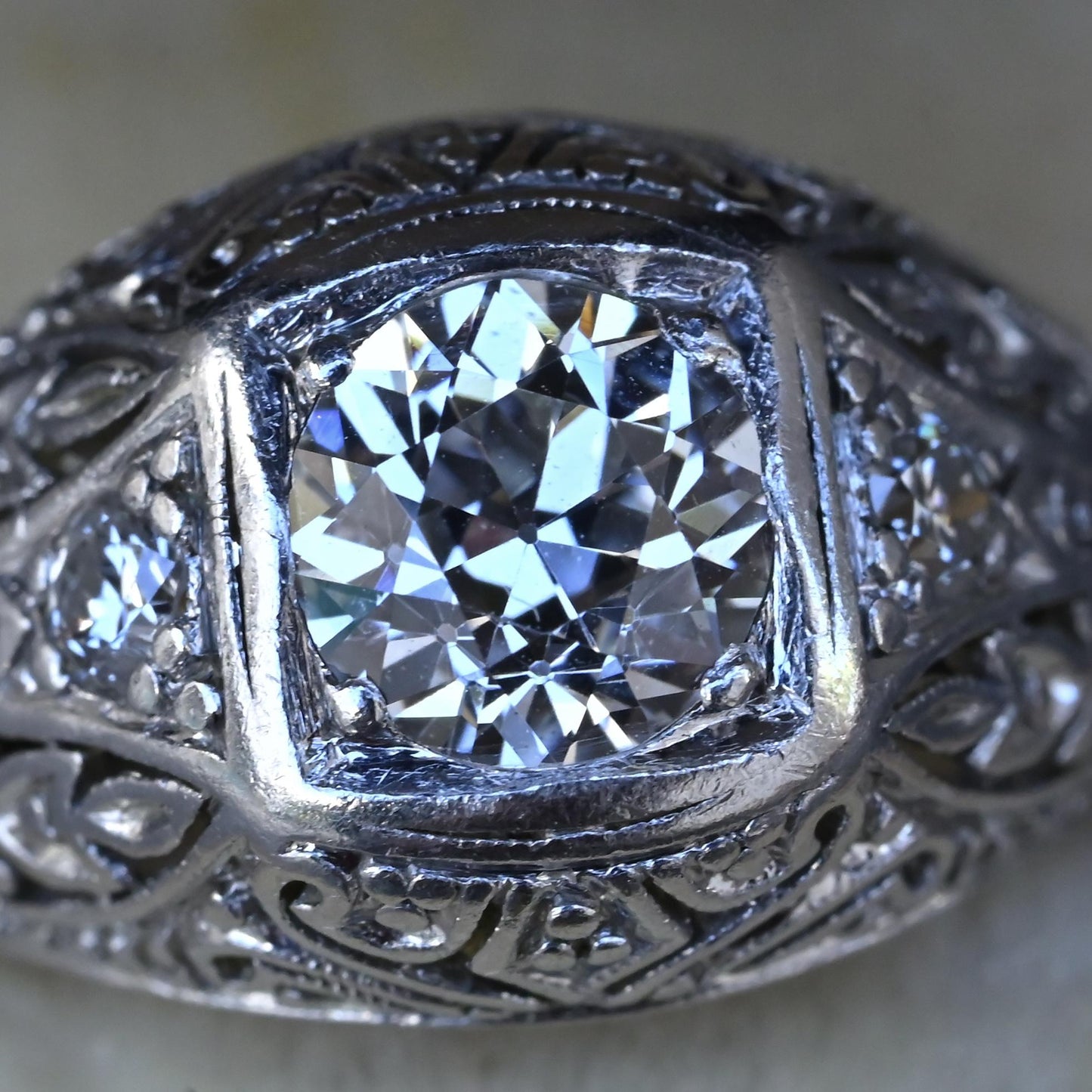 GIA Certified 0.66ct Old European Cut Diamond Art Deco Platinum Engagement Ring