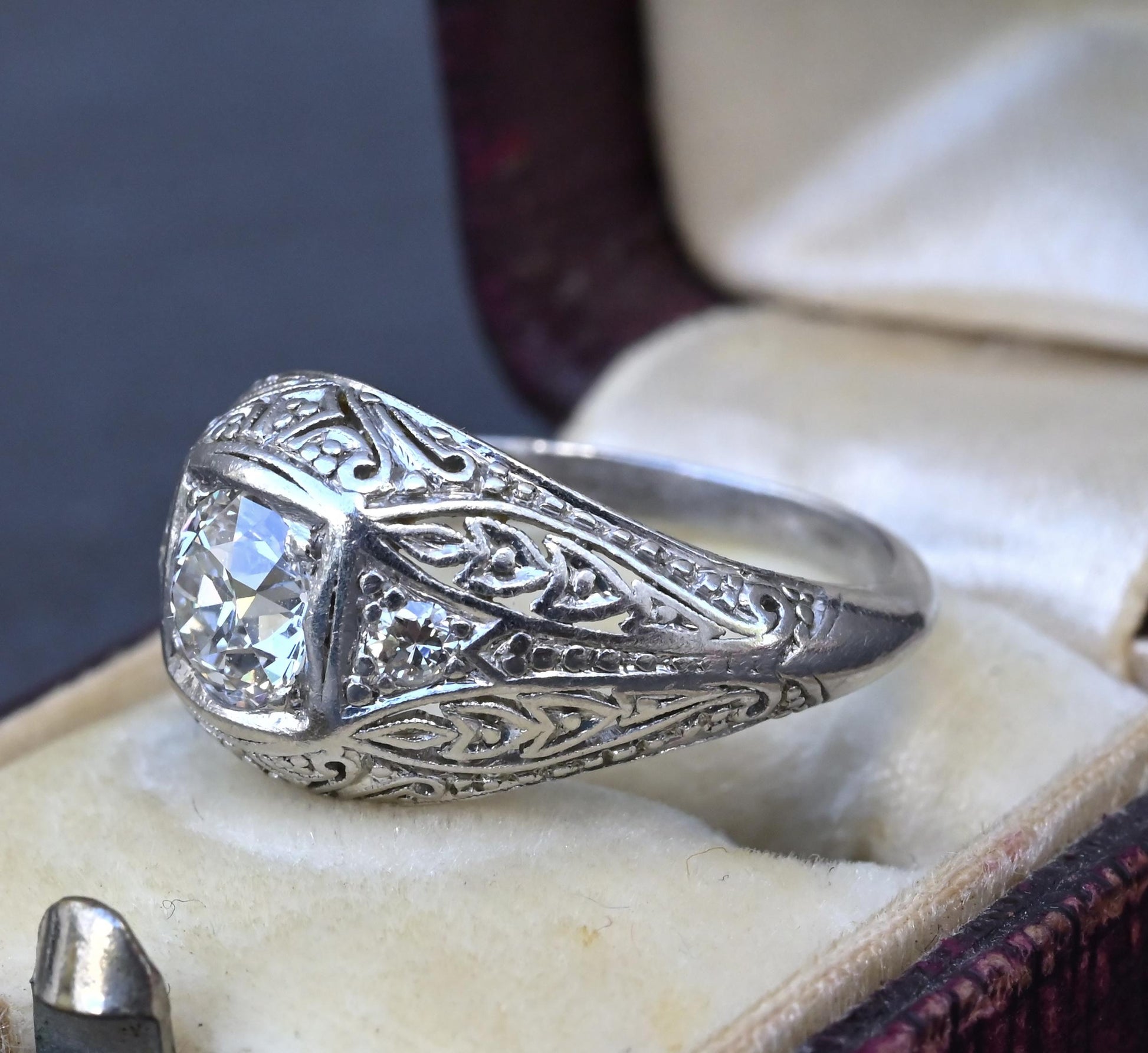 GIA Certified 0.66ct Old European Cut Diamond Art Deco Platinum Engagement Ring