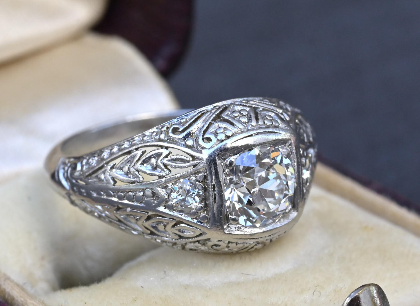GIA Certified 0.66ct Old European Cut Diamond Art Deco Platinum Engagement Ring