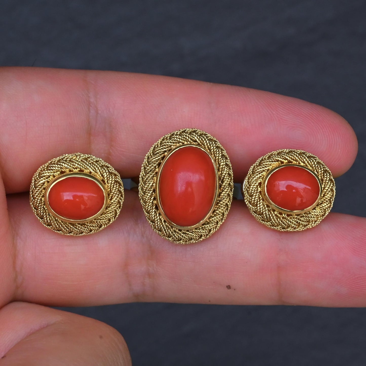 Estate Italian 18K Yellow Gold Blood Red Coral Earring & Ring Set 15.84g Size 8