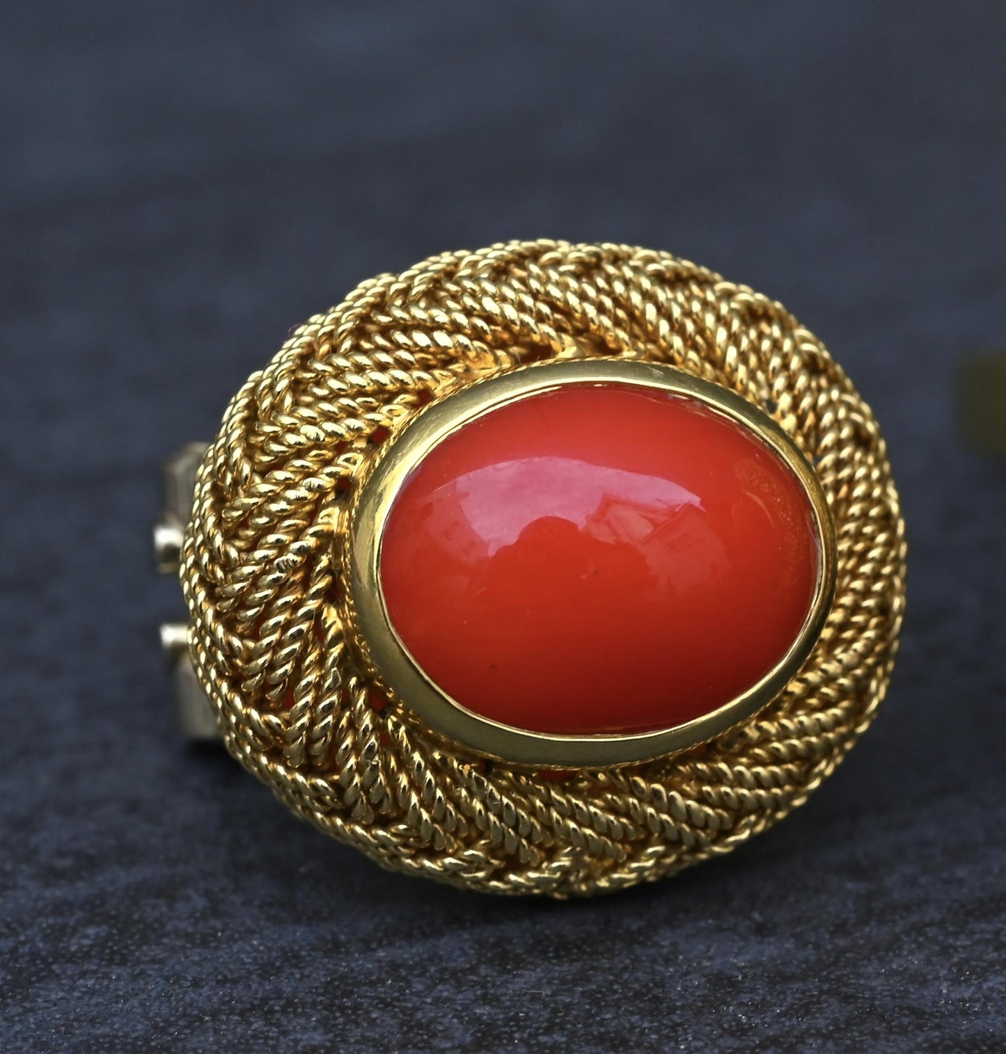 Estate Italian 18K Yellow Gold Blood Red Coral Earring & Ring Set 15.84g Size 8
