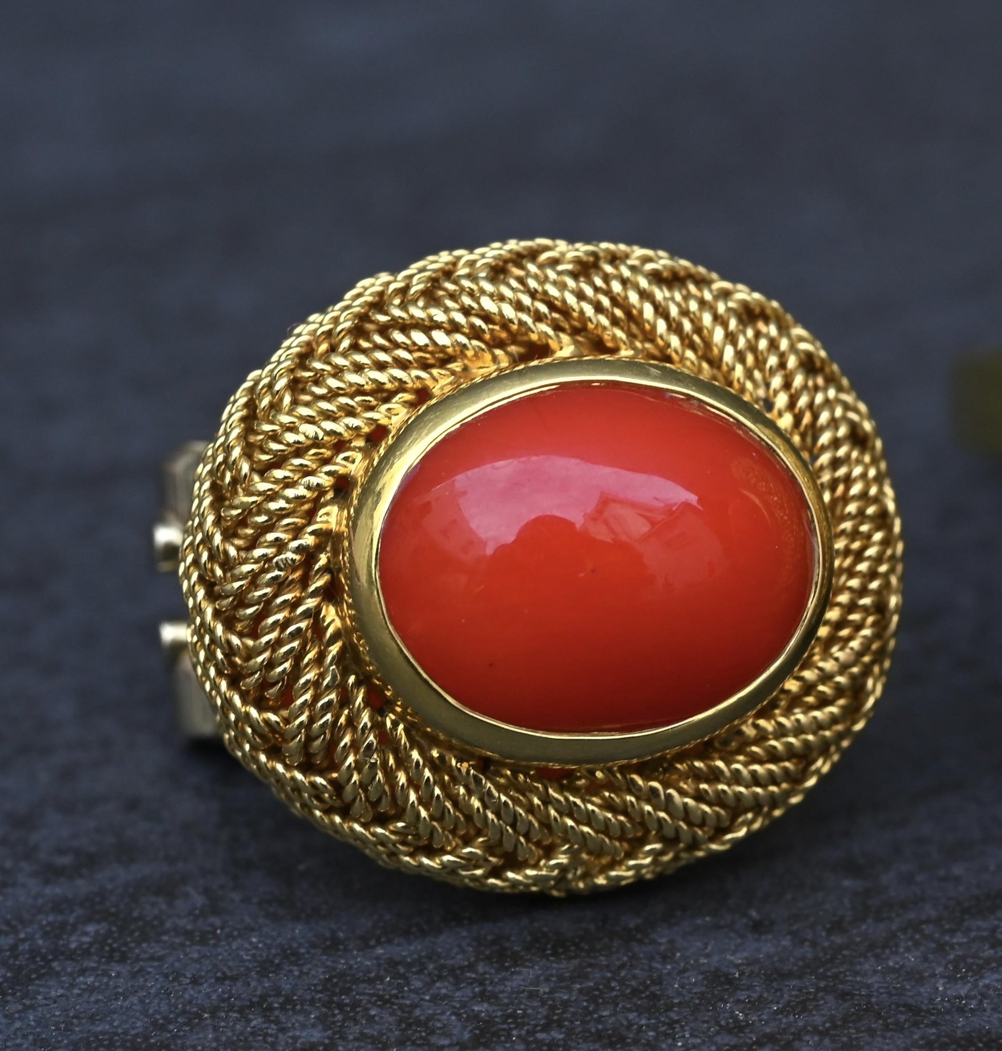 Estate Italian 18K Yellow Gold Blood Red Coral Earring & Ring Set 15.84g Size 8