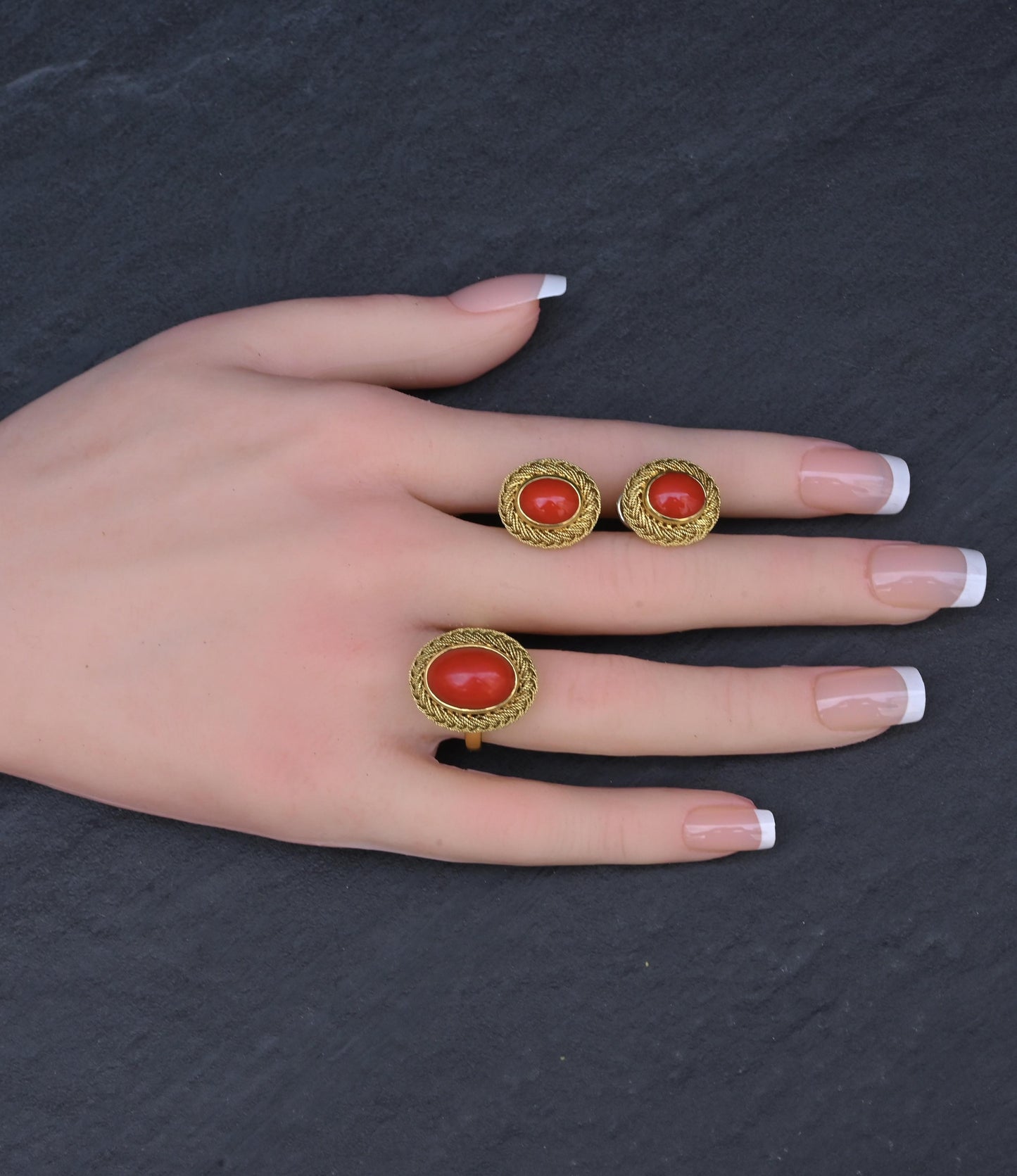 Estate Italian 18K Yellow Gold Blood Red Coral Earring & Ring Set 15.84g Size 8