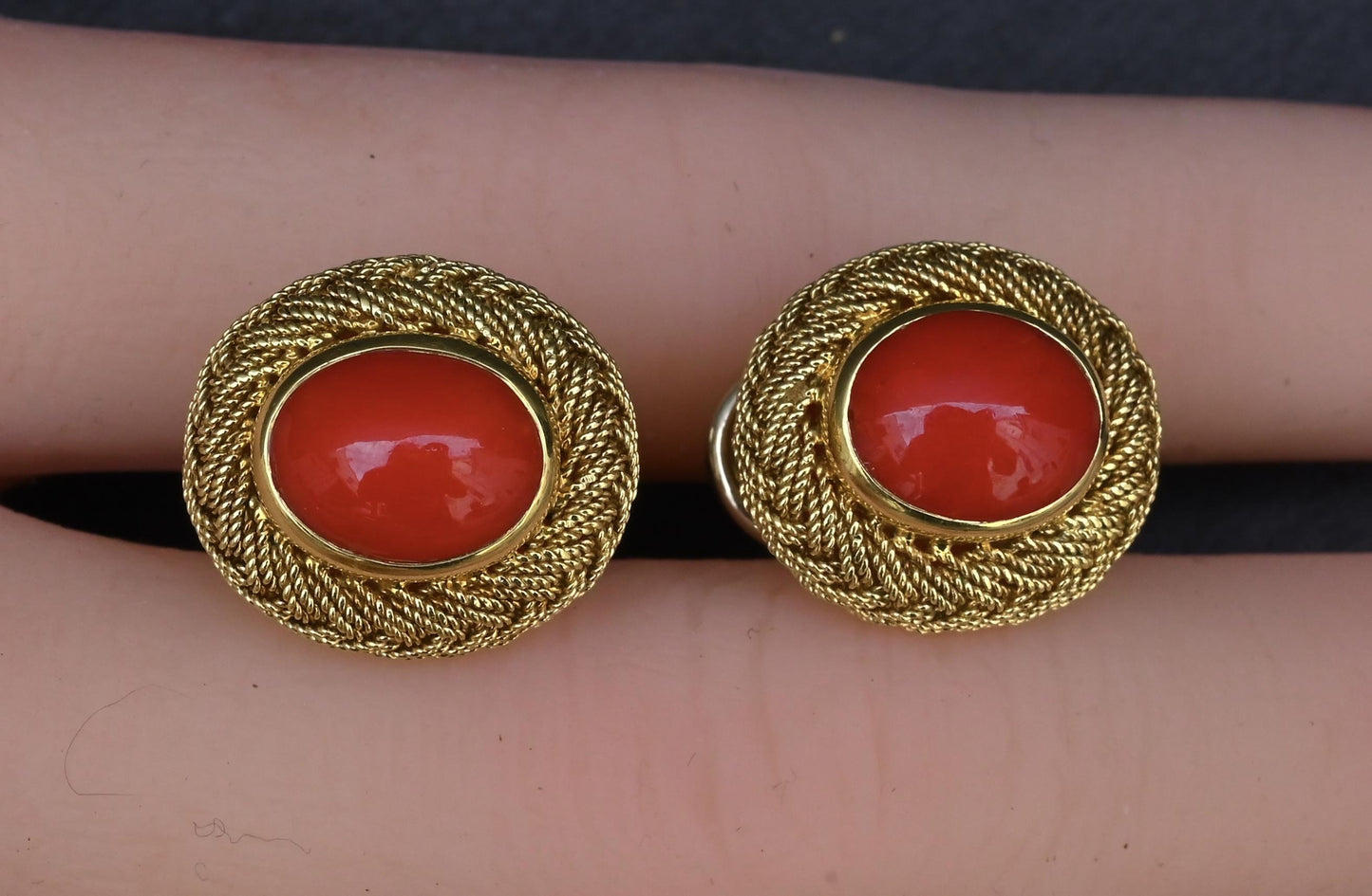 Estate Italian 18K Yellow Gold Blood Red Coral Earring & Ring Set 15.84g Size 8