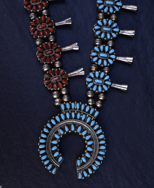 Vintage Navajo Sterling Silver Squash Blossom Necklace with Coral & Turquoise