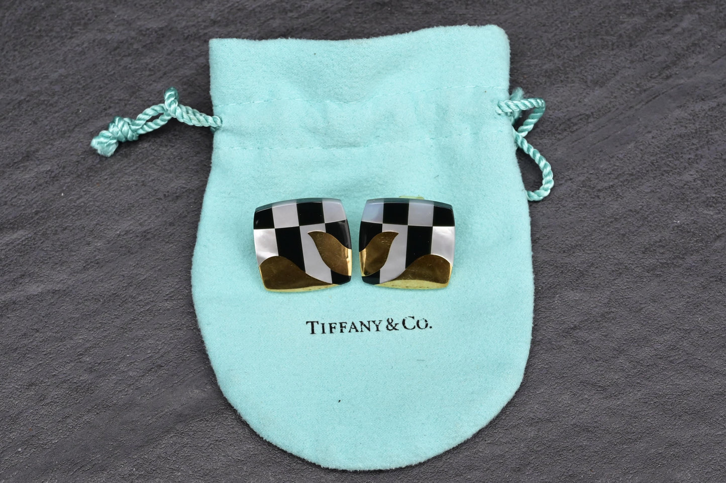 Tiffany Co. 18k Gold Inlaid MOP Onyx Checkerboard Pattern Cushion Earrings