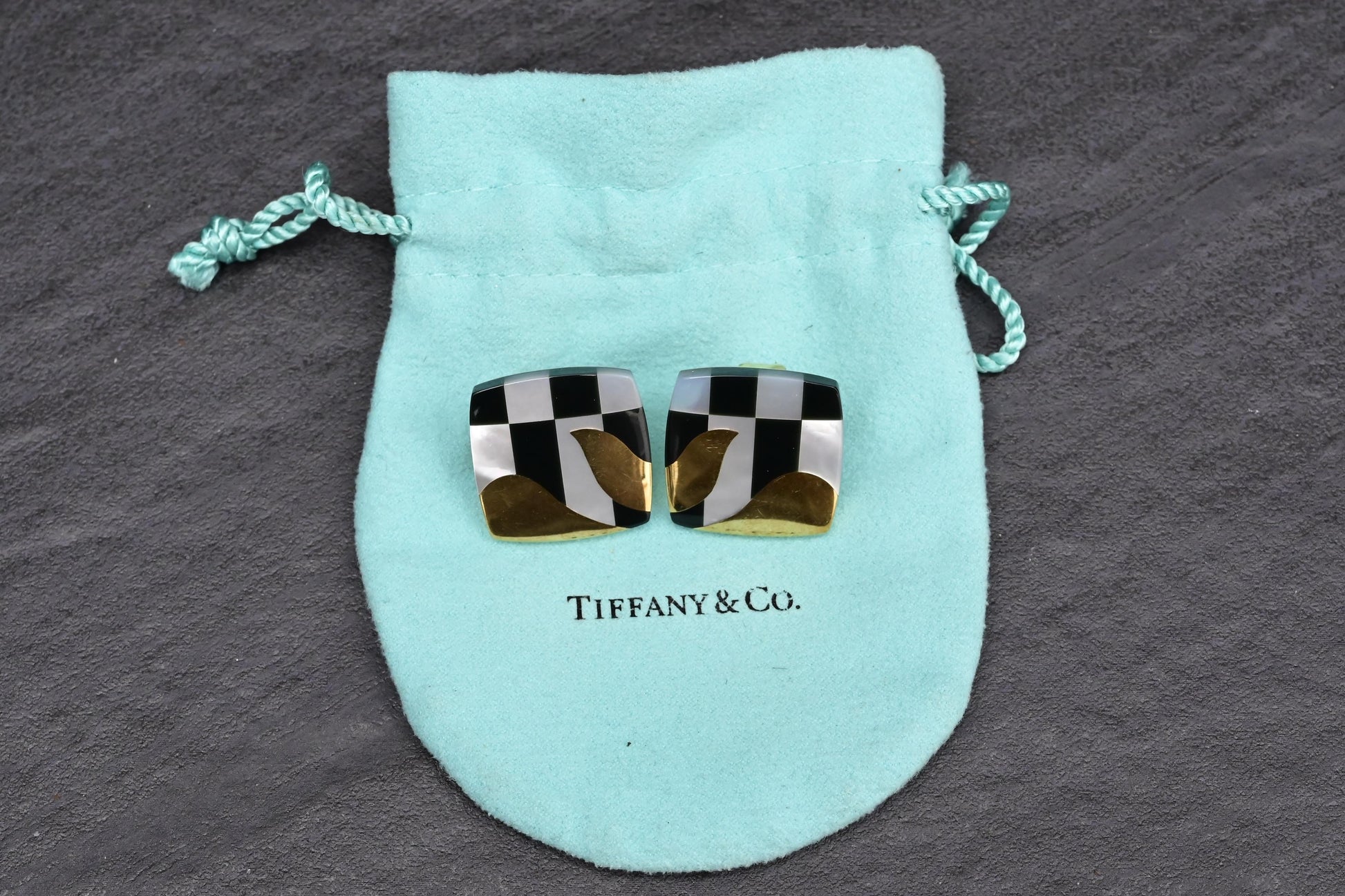 Tiffany Co. 18k Gold Inlaid MOP Onyx Checkerboard Pattern Cushion Earrings