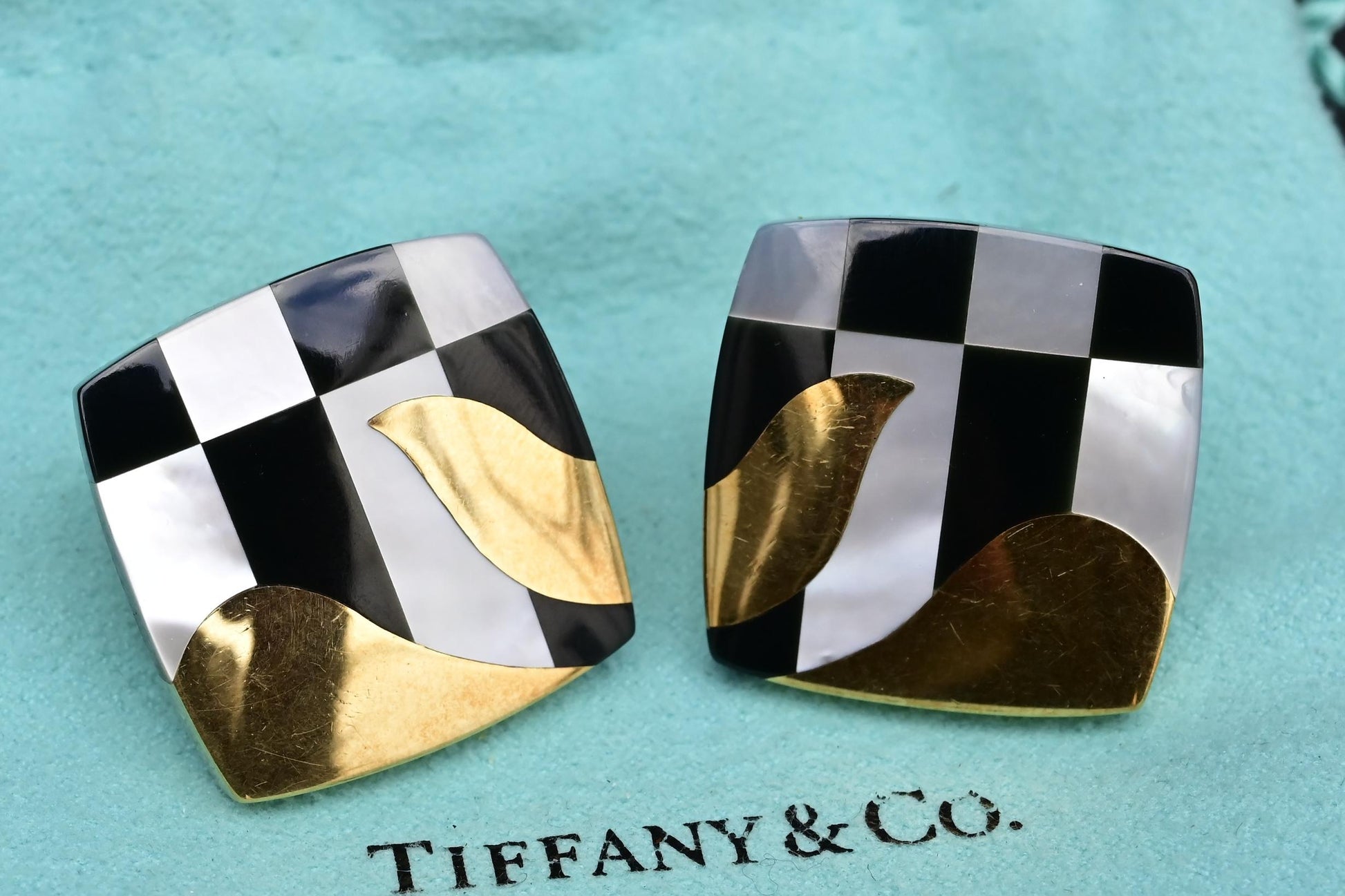 Tiffany Co. 18k Gold Inlaid MOP Onyx Checkerboard Pattern Cushion Earrings