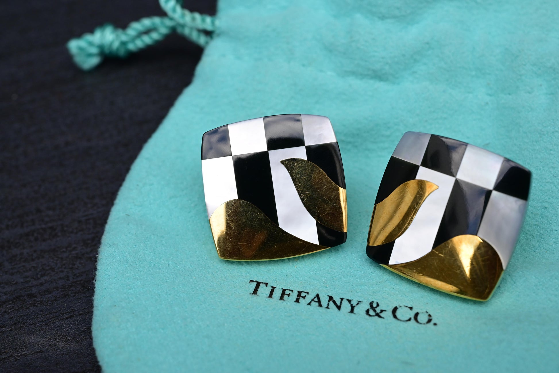 Tiffany Co. 18k Gold Inlaid MOP Onyx Checkerboard Pattern Cushion Earrings