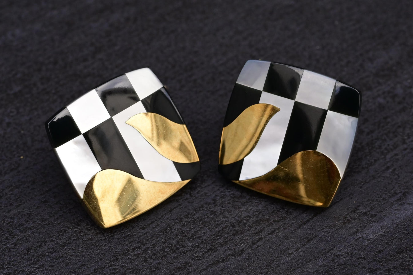 Tiffany Co. 18k Gold Inlaid MOP Onyx Checkerboard Pattern Cushion Earrings