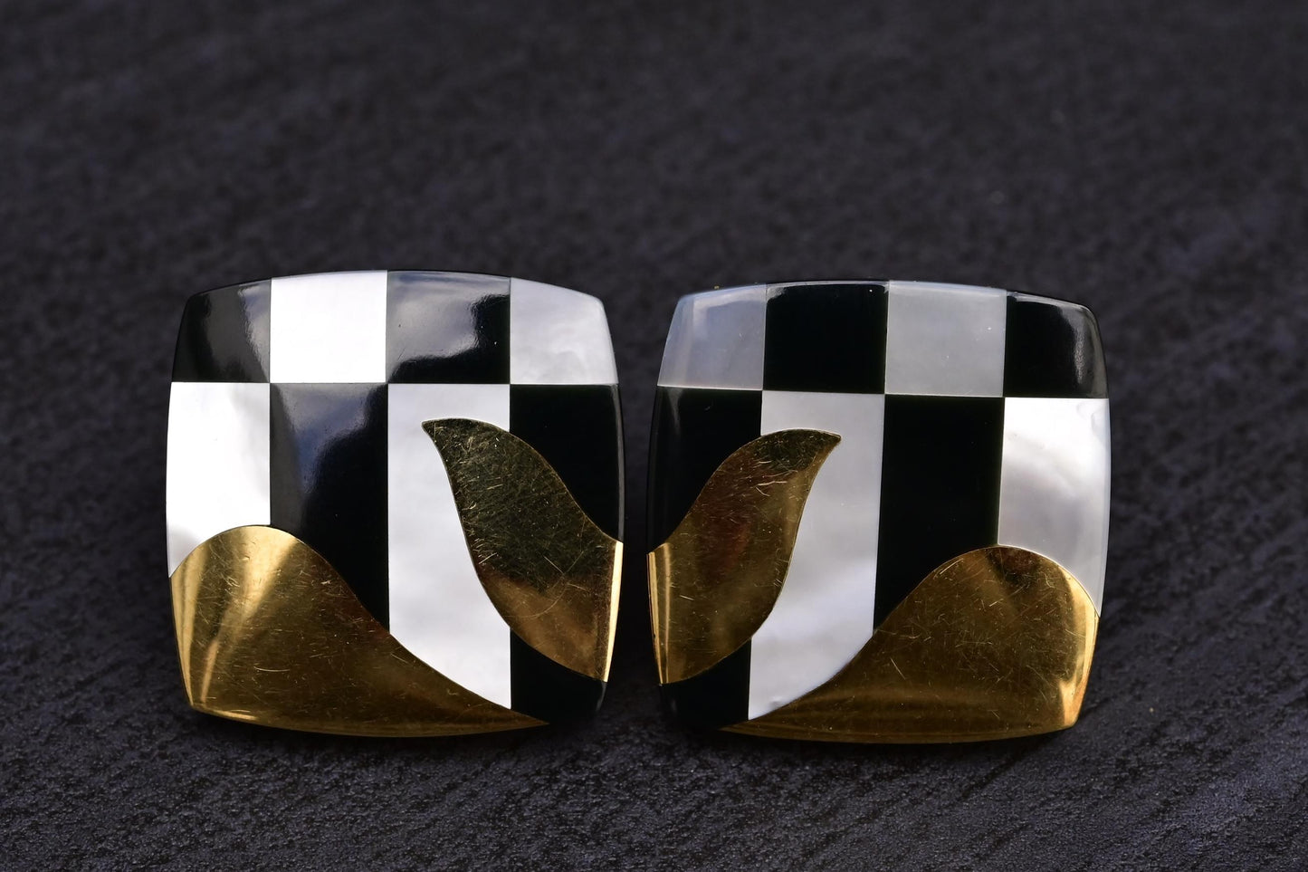 Tiffany Co. 18k Gold Inlaid MOP Onyx Checkerboard Pattern Cushion Earrings