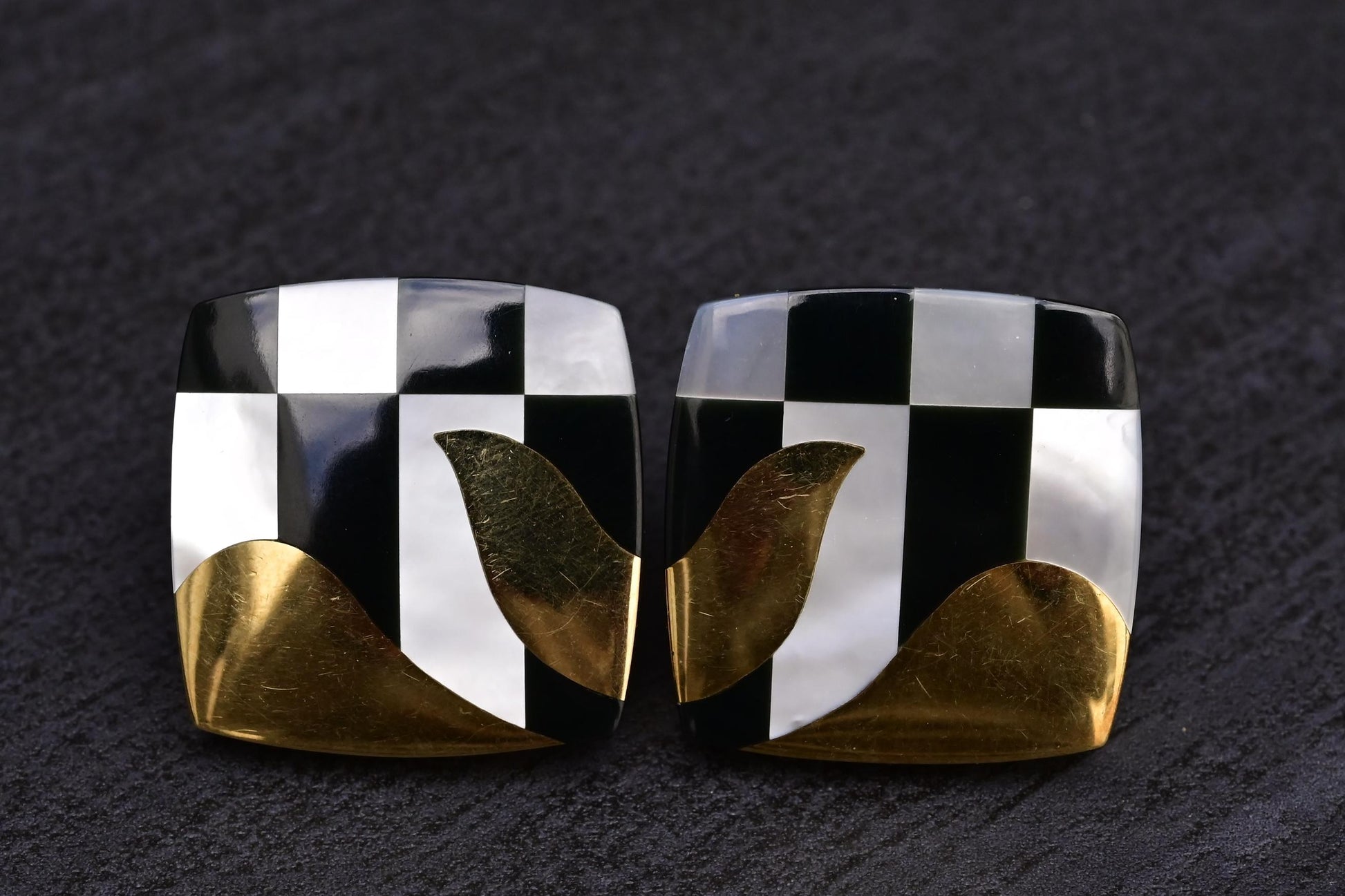 Tiffany Co. 18k Gold Inlaid MOP Onyx Checkerboard Pattern Cushion Earrings
