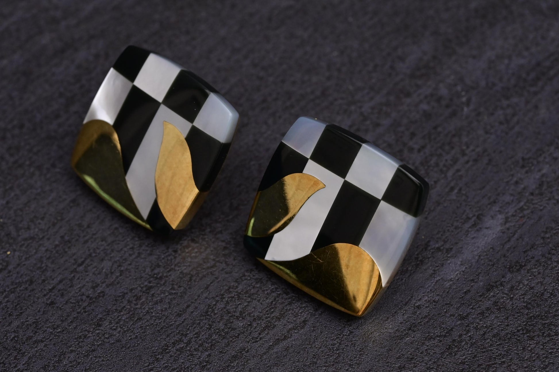 Tiffany Co. 18k Gold Inlaid MOP Onyx Checkerboard Pattern Cushion Earrings