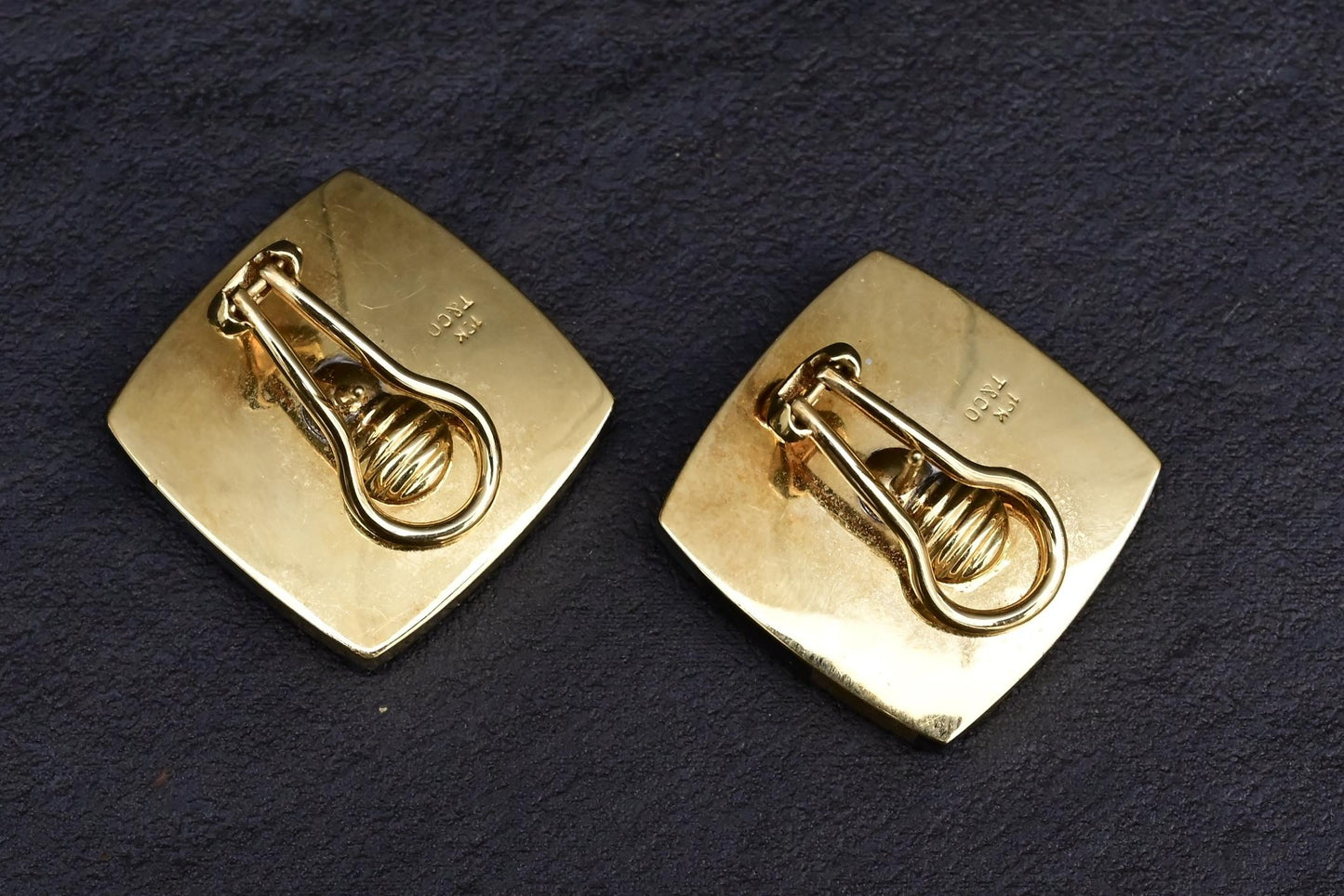 Tiffany Co. 18k Gold Inlaid MOP Onyx Checkerboard Pattern Cushion Earrings