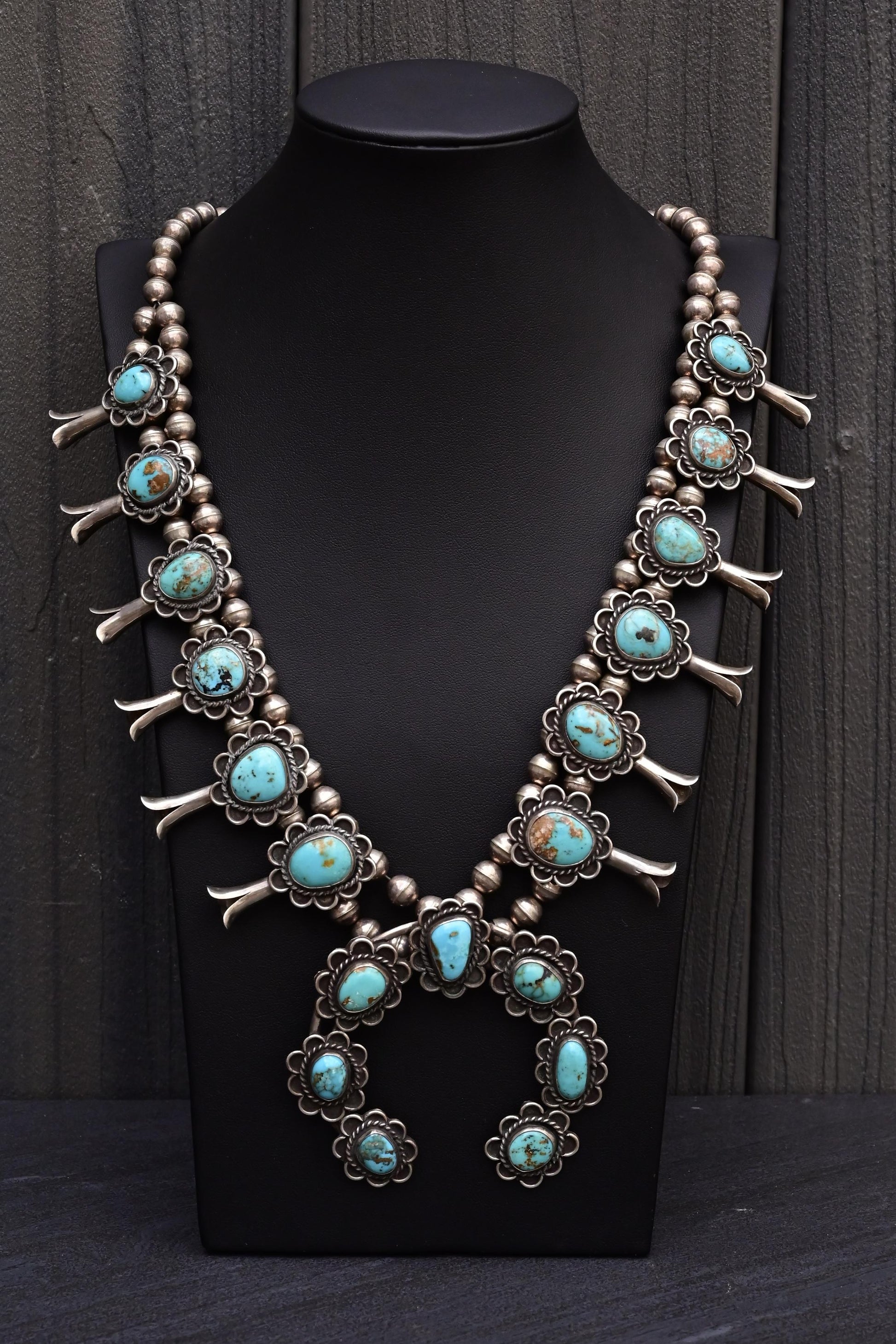 Vintage Navajo Sterling Silver & Turquoise Squash Blossom Necklace