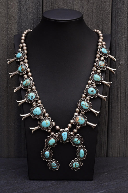 Vintage Navajo Sterling Silver & Turquoise Squash Blossom Necklace