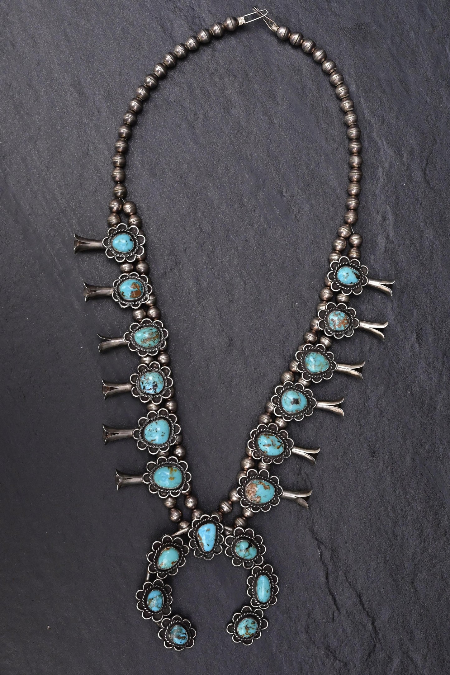Vintage Navajo Sterling Silver & Turquoise Squash Blossom Necklace