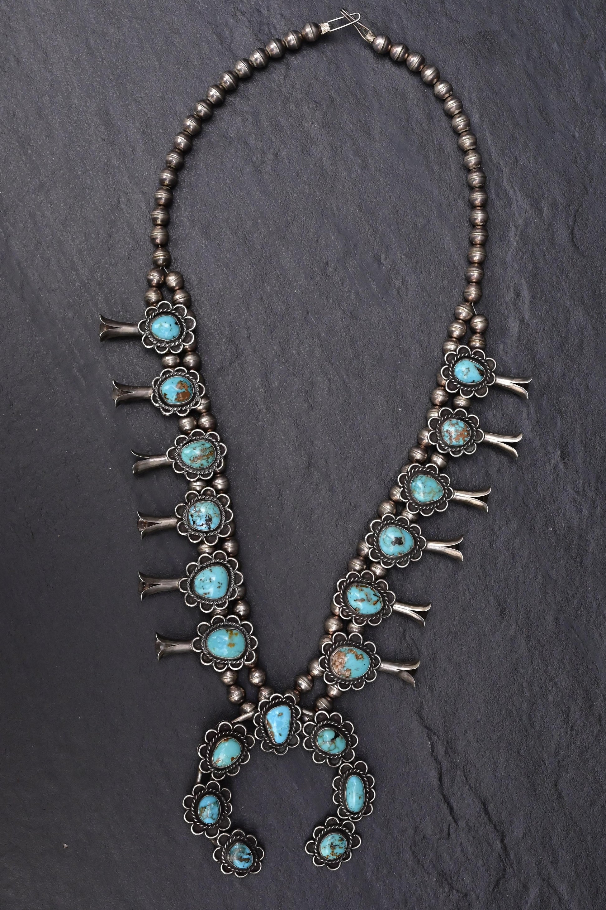 Vintage Navajo Sterling Silver & Turquoise Squash Blossom Necklace