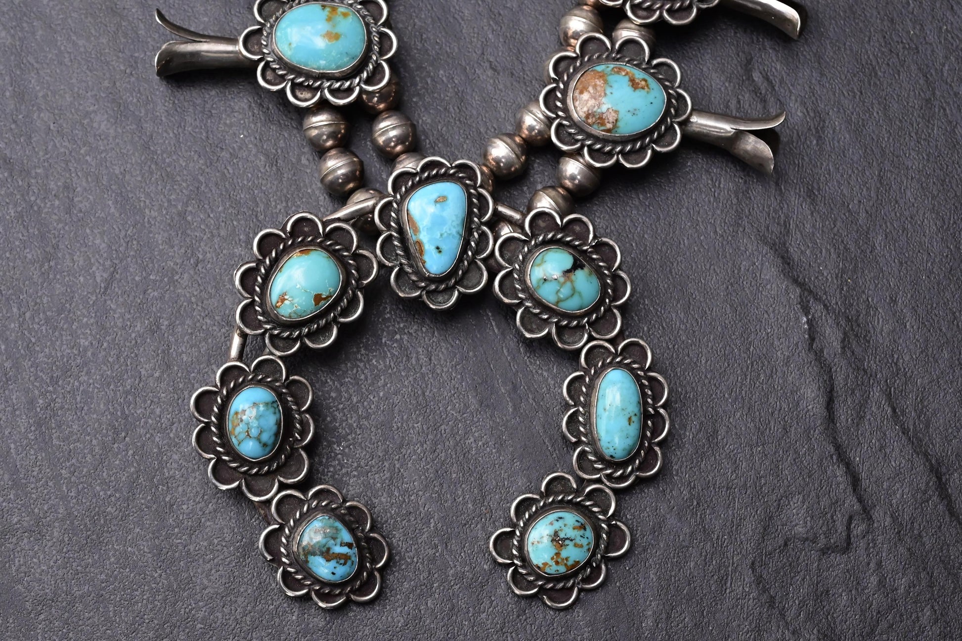 Vintage Navajo Sterling Silver & Turquoise Squash Blossom Necklace