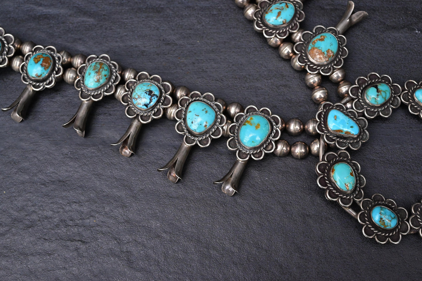 Vintage Navajo Sterling Silver & Turquoise Squash Blossom Necklace