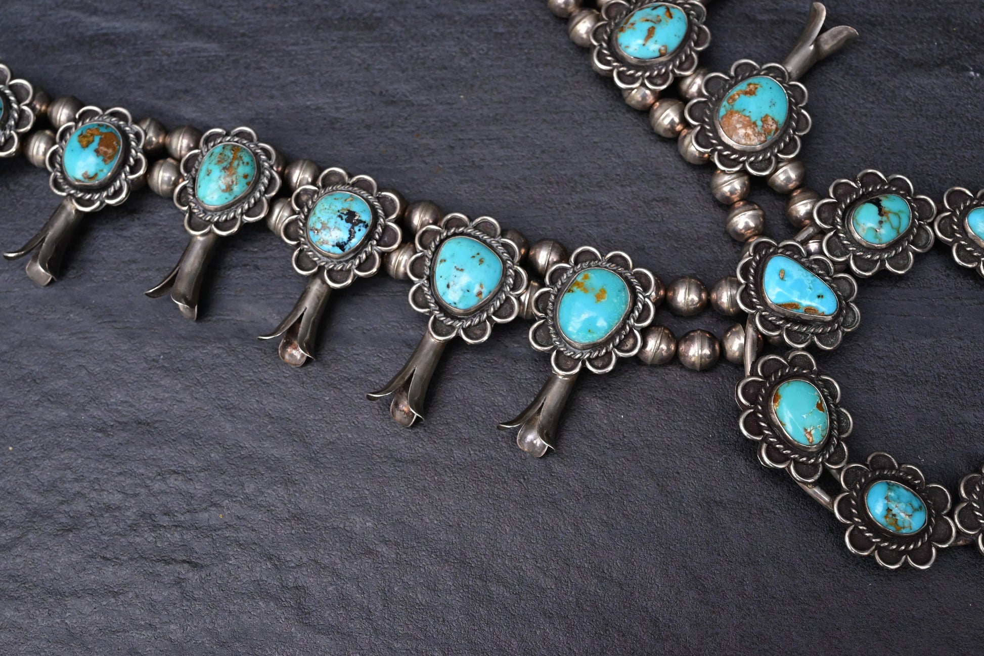 Vintage Navajo Sterling Silver & Turquoise Squash Blossom Necklace