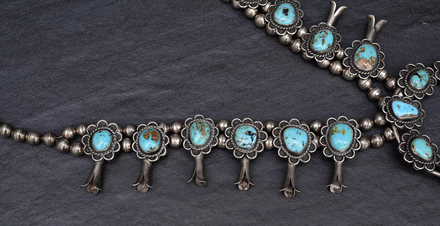 Vintage Navajo Sterling Silver & Turquoise Squash Blossom Necklace