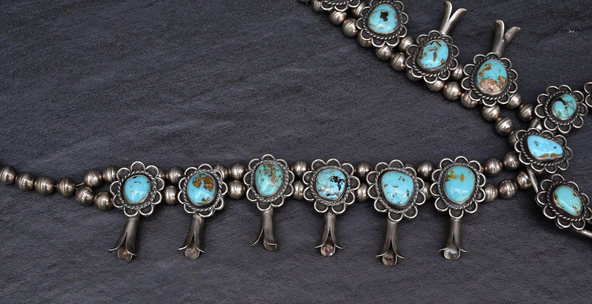 Vintage Navajo Sterling Silver & Turquoise Squash Blossom Necklace