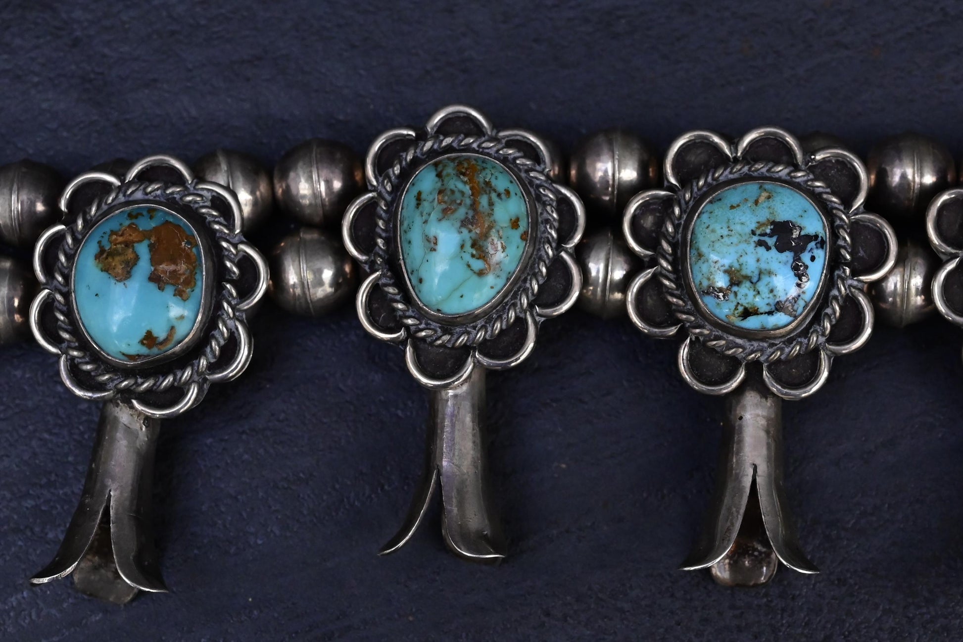 Vintage Navajo Sterling Silver & Turquoise Squash Blossom Necklace