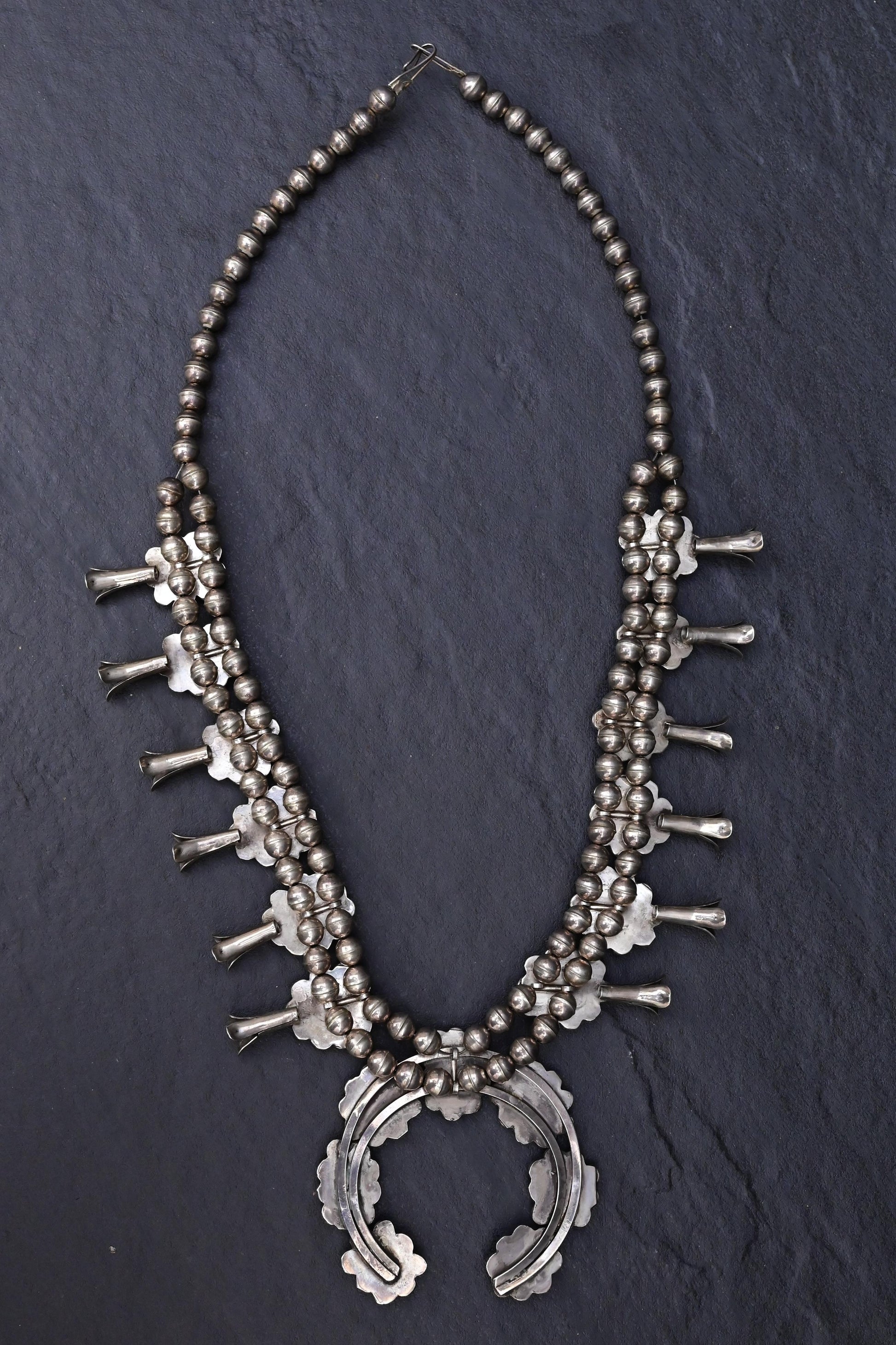 Vintage Navajo Sterling Silver & Turquoise Squash Blossom Necklace