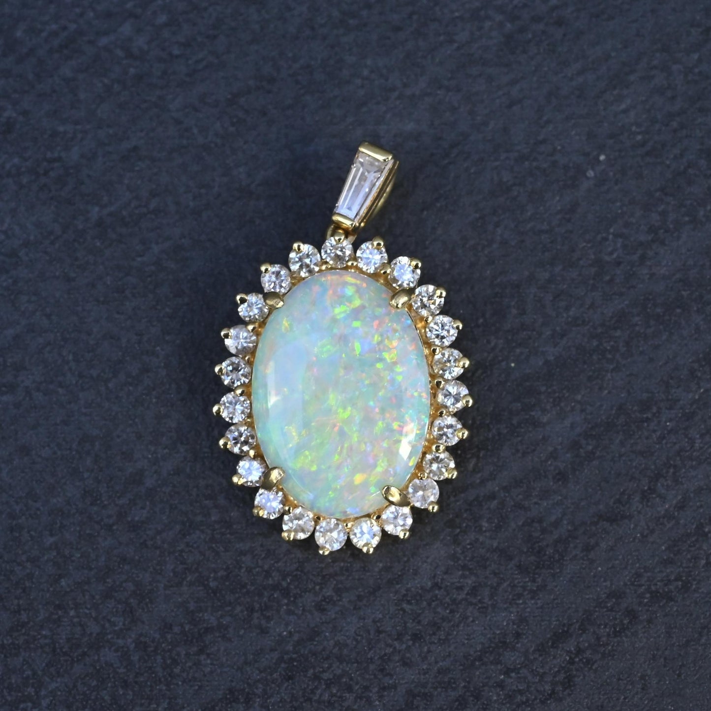 IGI Certified 2.45 CT Natural Opal & Diamond Halo Pendant in 18K Yellow Gold