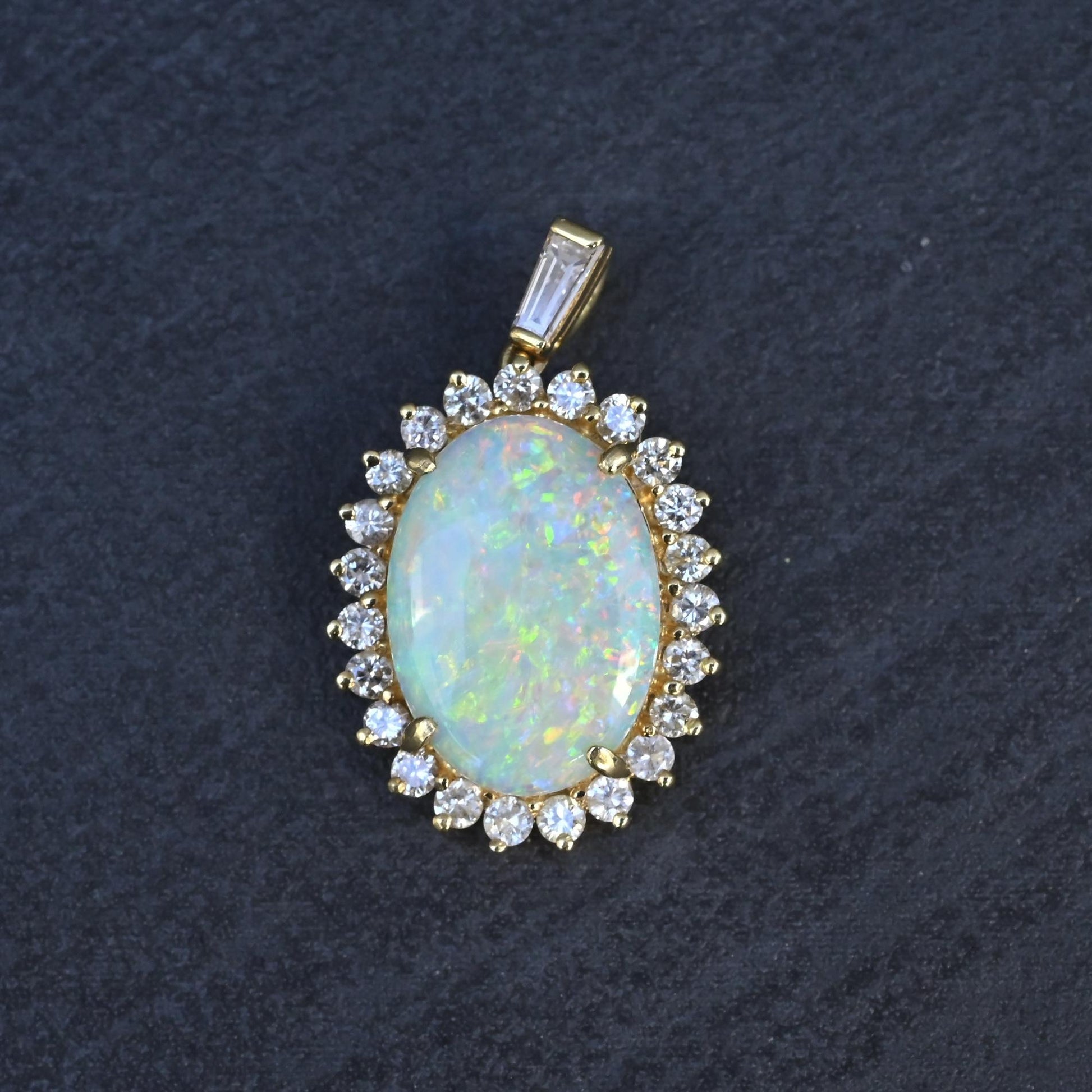 IGI Certified 2.45 CT Natural Opal & Diamond Halo Pendant in 18K Yellow Gold