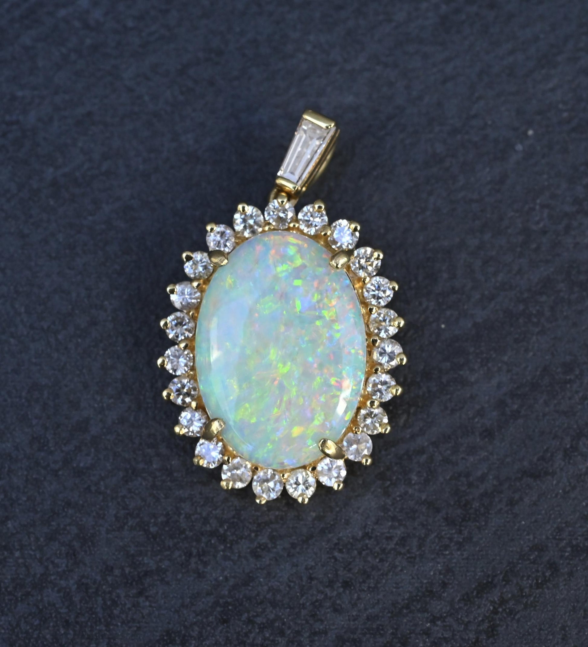 IGI Certified 2.45 CT Natural Opal & Diamond Halo Pendant in 18K Yellow Gold
