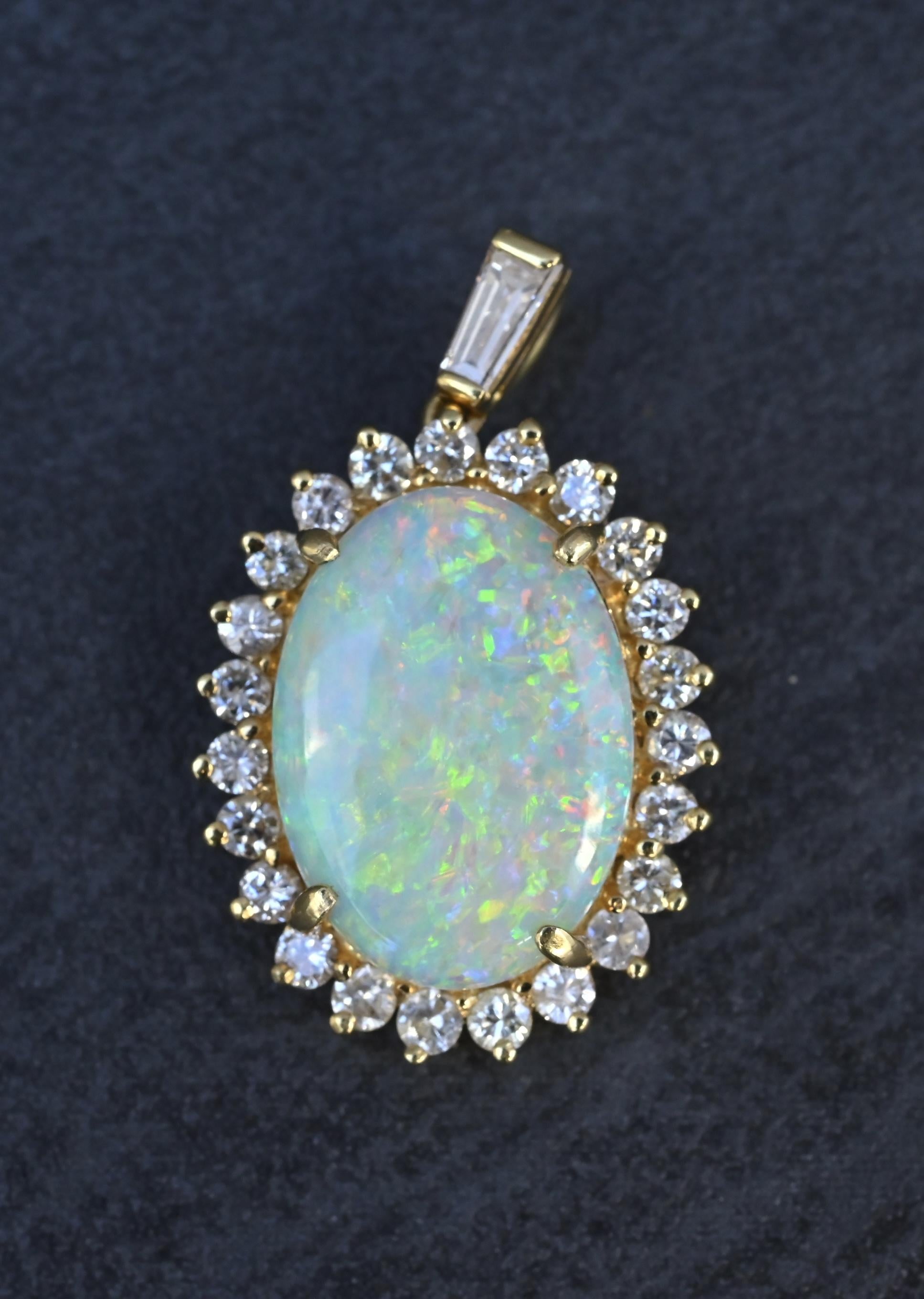 IGI Certified 2.45 CT Natural Opal & Diamond Halo Pendant in 18K Yellow Gold
