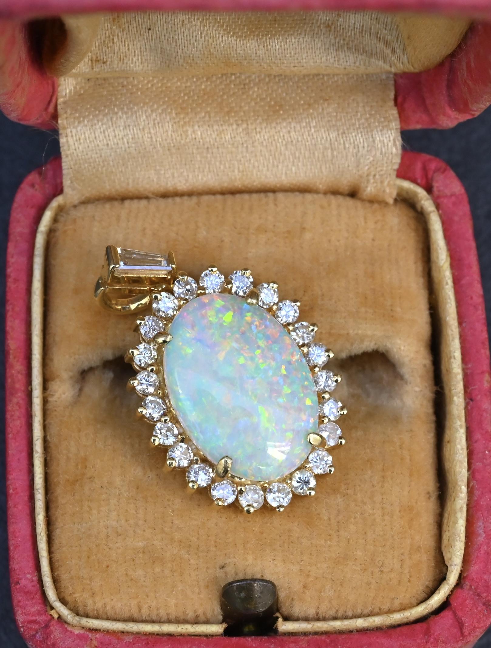 IGI Certified 2.45 CT Natural Opal & Diamond Halo Pendant in 18K Yellow Gold