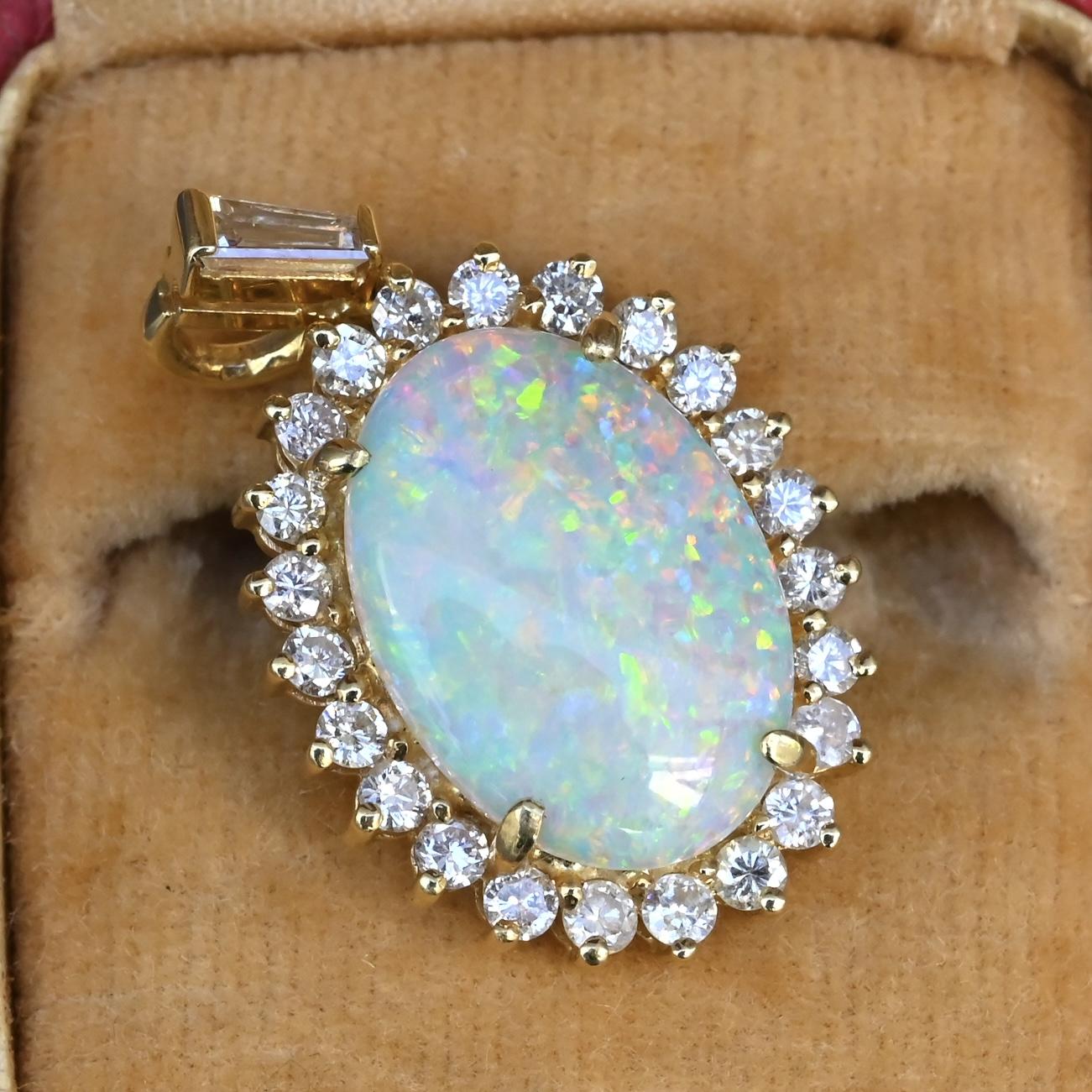 IGI Certified 2.45 CT Natural Opal & Diamond Halo Pendant in 18K Yellow Gold