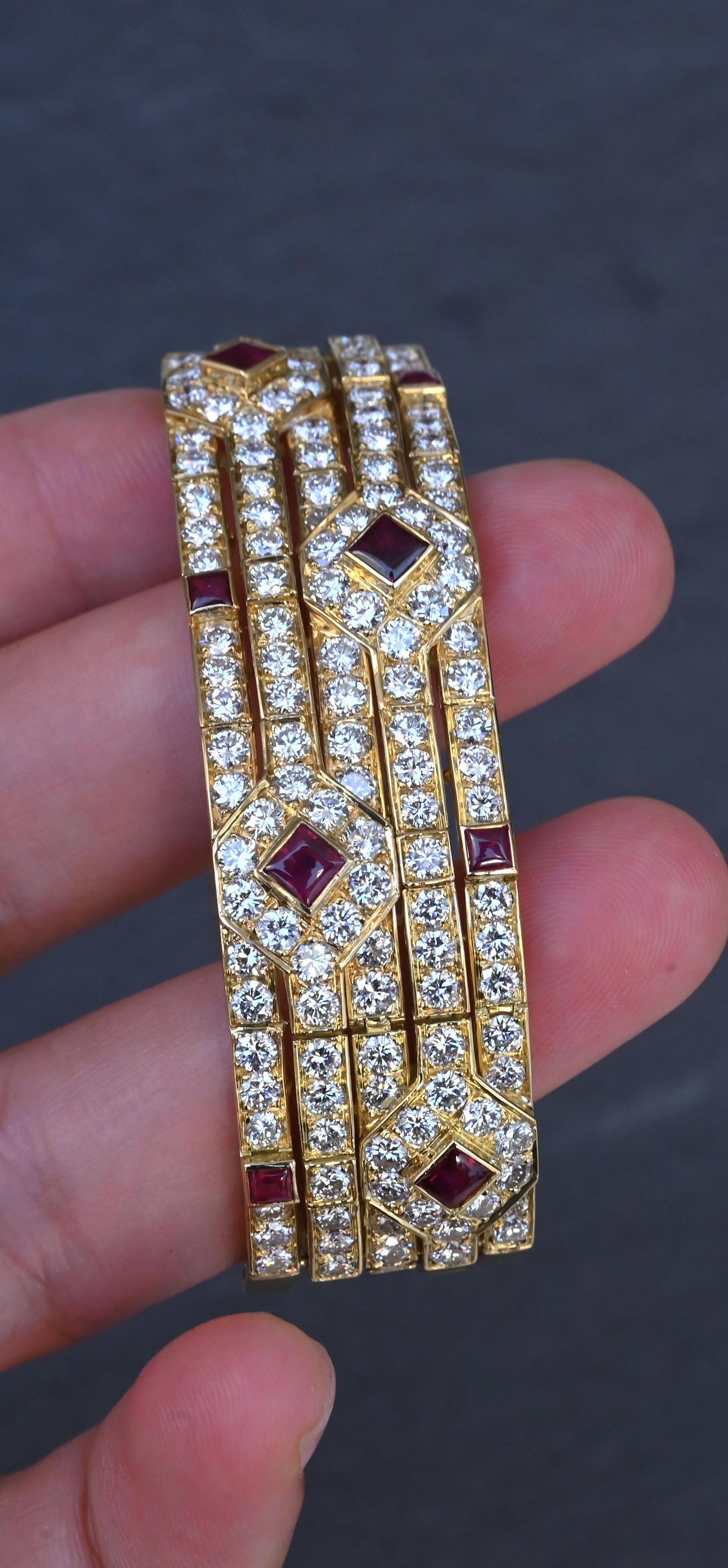 Important Heavy French 18K Gold Diamond & Ruby Bracelet 10 Carats