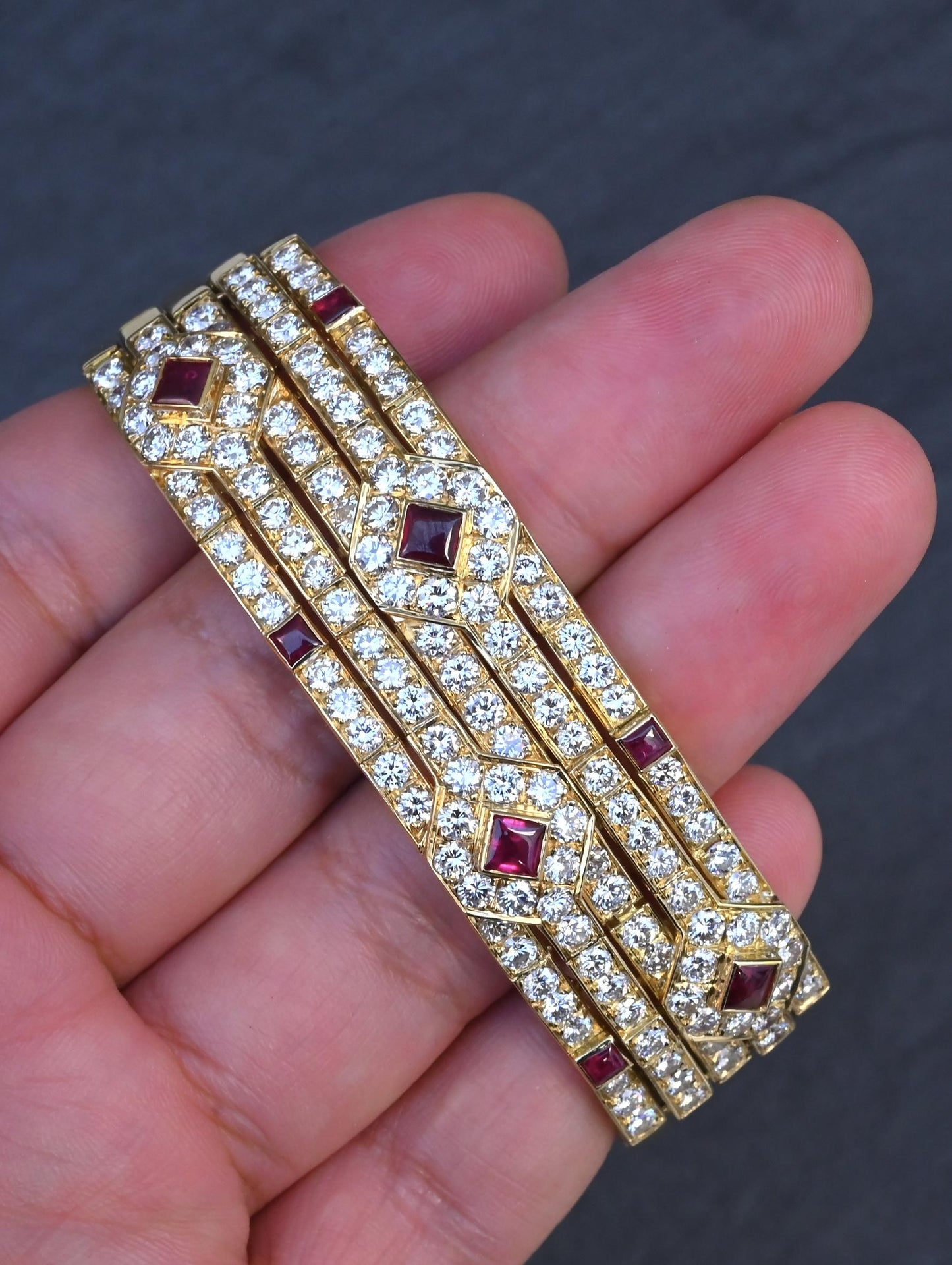 Important Heavy French 18K Gold Diamond & Ruby Bracelet 10 Carats