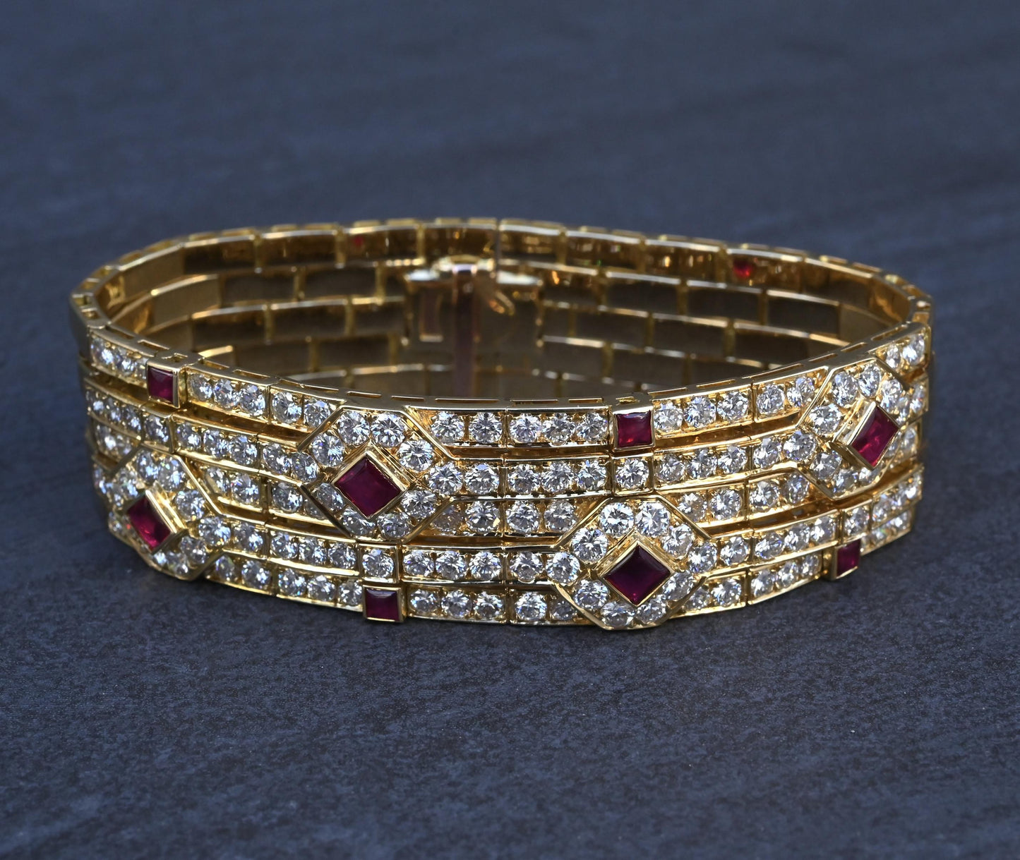 Important Heavy French 18K Gold Diamond & Ruby Bracelet 10 Carats