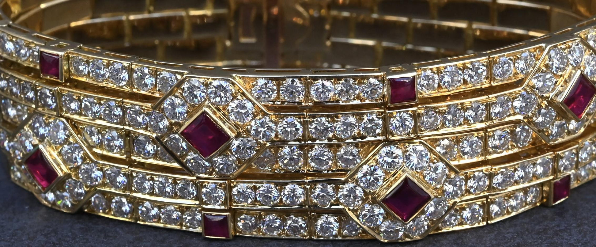 Important Heavy French 18K Gold Diamond & Ruby Bracelet 10 Carats