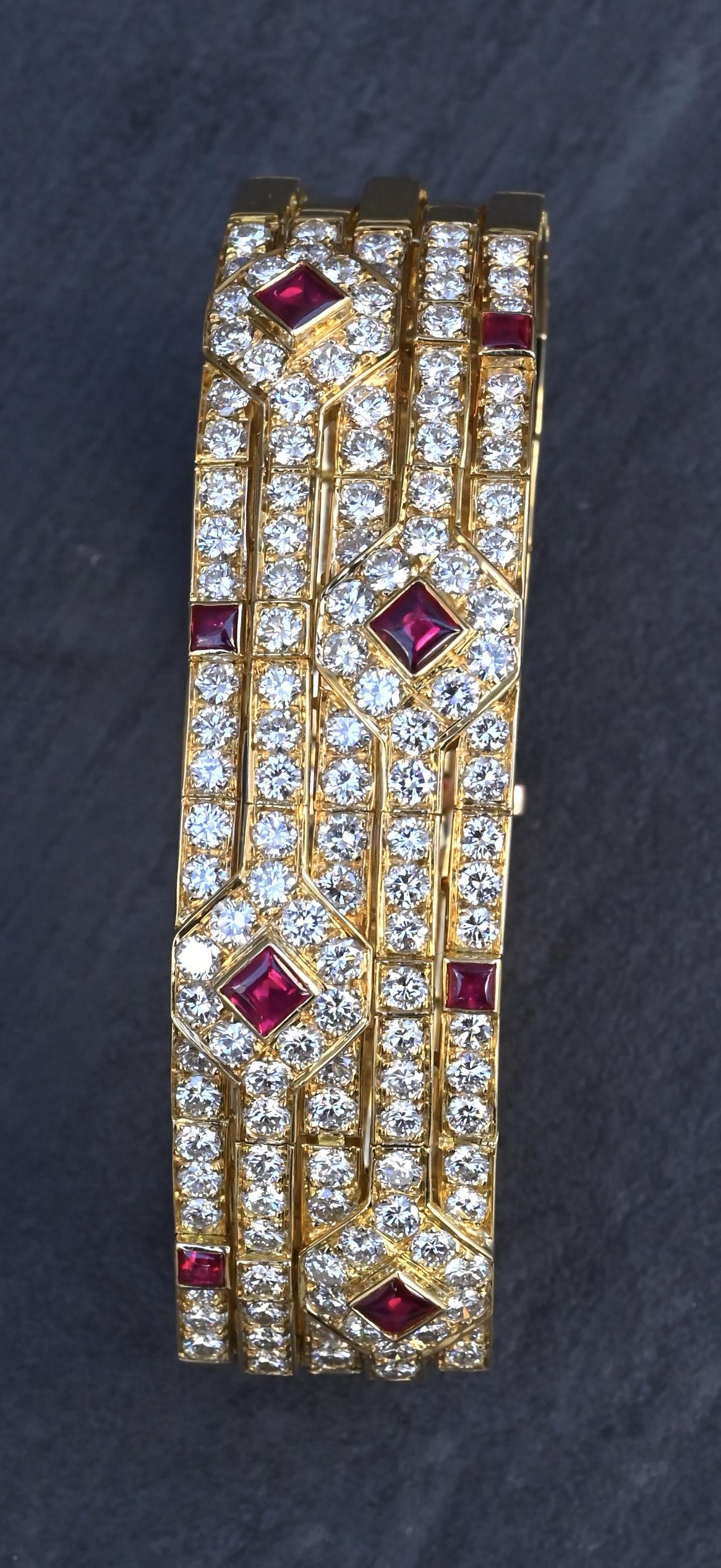 Important Heavy French 18K Gold Diamond & Ruby Bracelet 10 Carats