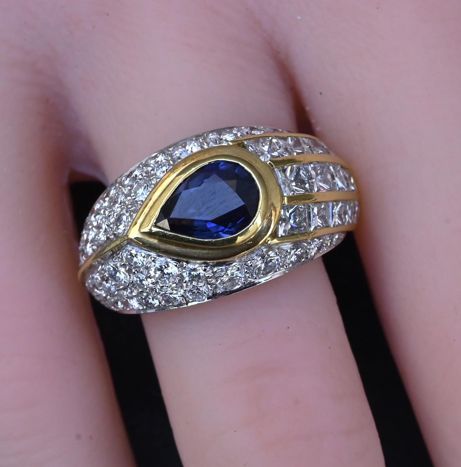 Amazing French Vintage 18K Gold Ring 3.85 Carats of Diamonds & Sapphire IGI Cert