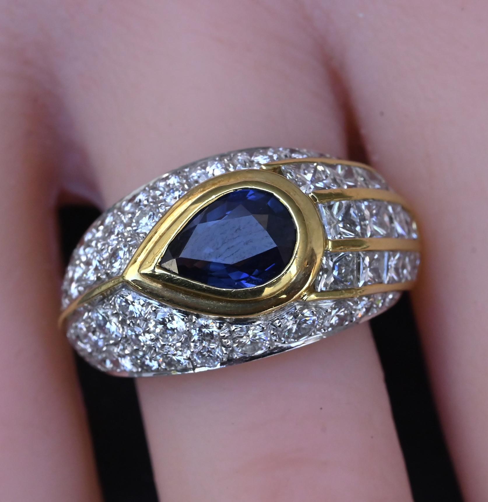Amazing French Vintage 18K Gold Ring 3.85 Carats of Diamonds & Sapphire IGI Cert