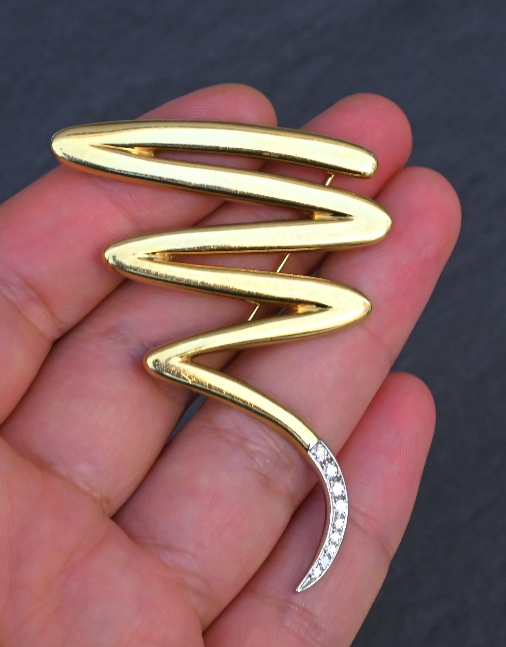 Tiffany & Co. Paloma Picasso Large Zig Zag Brooch 18K Gold Platinum Diamonds