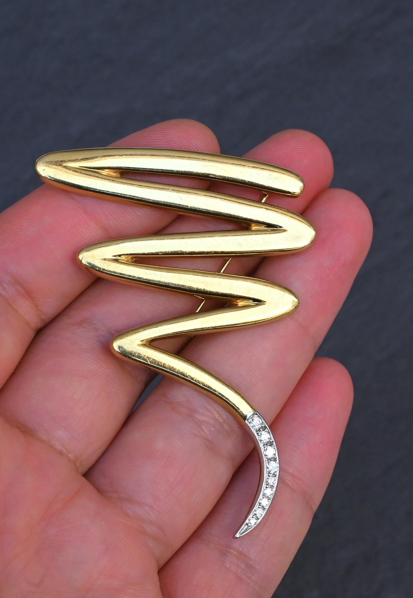 Tiffany & Co. Paloma Picasso Large Zig Zag Brooch 18K Gold Platinum Diamonds