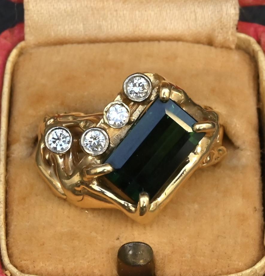 IGI Certified 3CT Emerald Cut Green Tourmaline Diamond Ring 14K Size 7.25