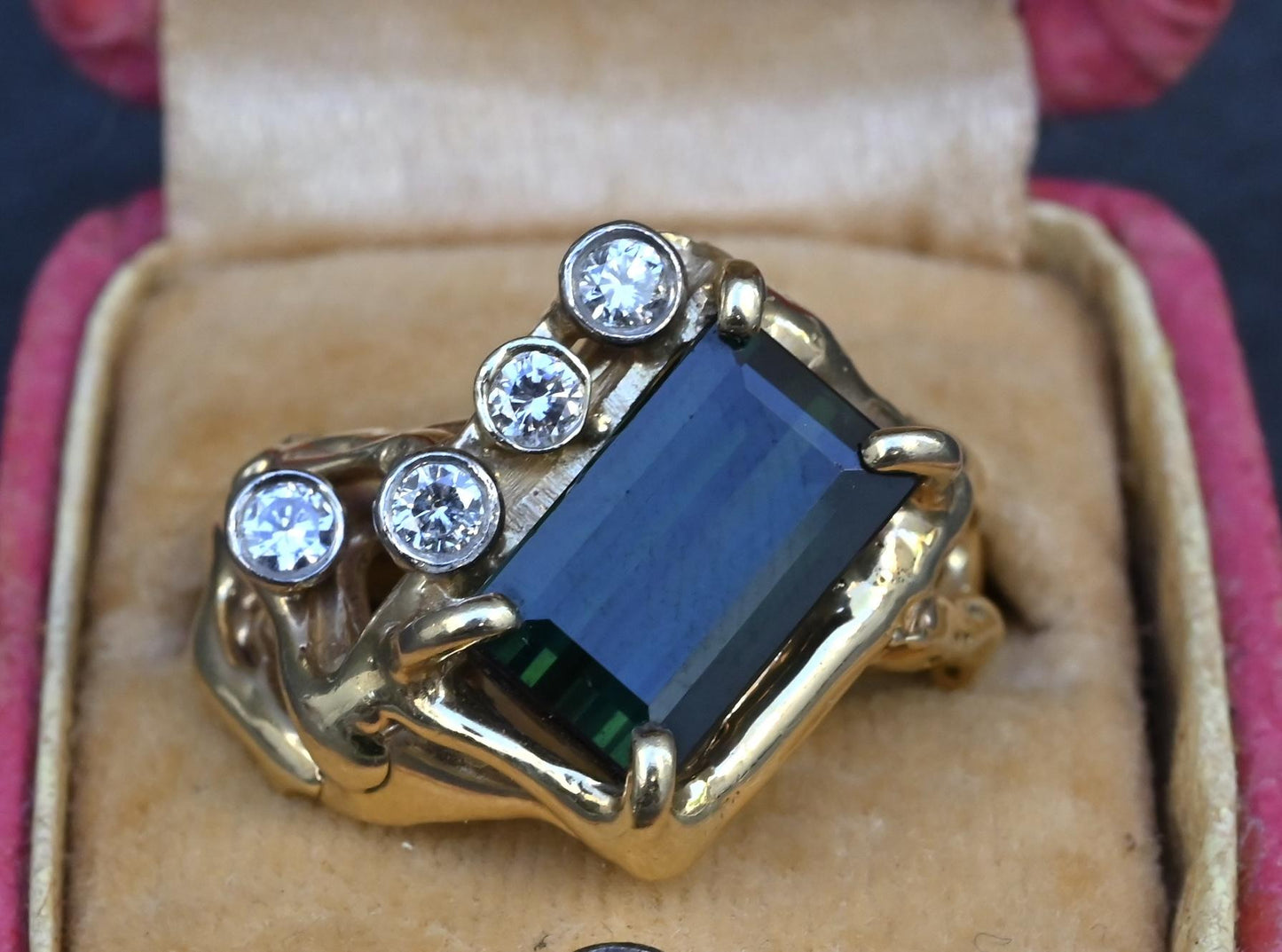 IGI Certified 3CT Emerald Cut Green Tourmaline Diamond Ring 14K Size 7.25